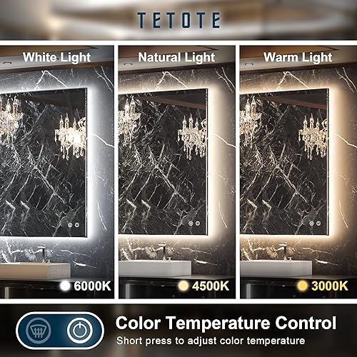 Miniatura 3 de TETOTE Espejo retroiluminado LED de 24 x 32 pulgadas con luz, 3 colores blancocálidonatural, espejo con luz antiniebla, regulable, espejo de