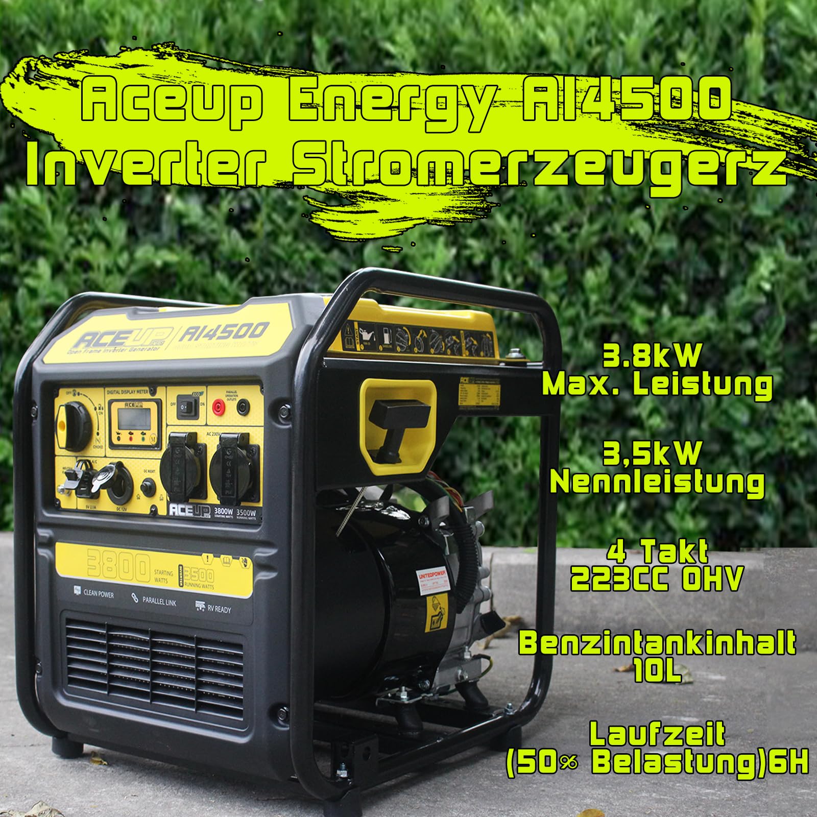 Aceup Energy Group Electrogene, Generador de Gasolina Inverter, Generador de Rescate 3800W con enchufes USB y 230V 12V, Pantalla Digital, Paralelo, Motor 4 Tiempos, Refrigerado por Aire