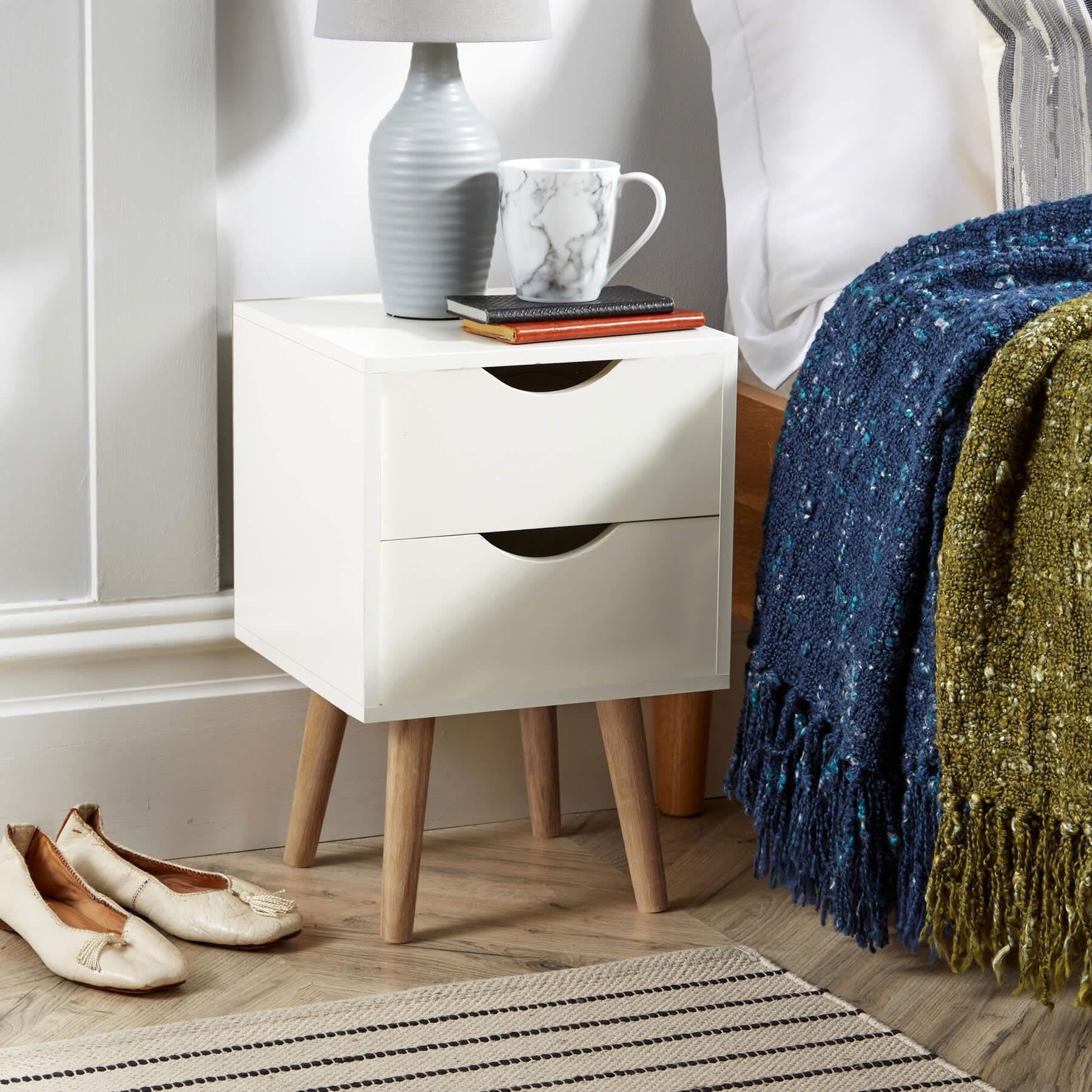 Home Source Bedside Cabinet 2 Drawer White Lamp Side Table Solid Wood Legs, Scandi Style