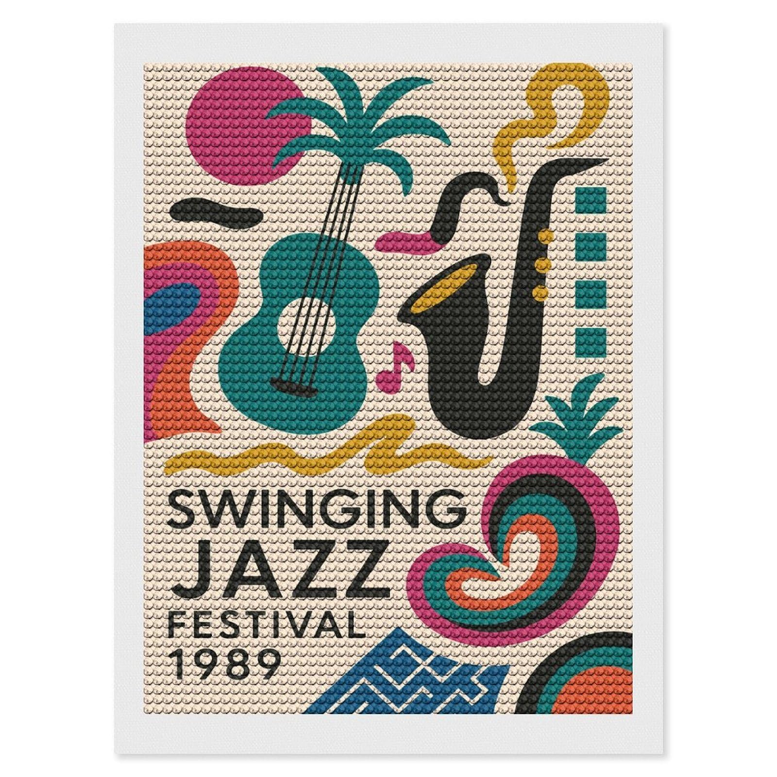 Junmoney Swinging Jazz Festival 1989 DIY Diamond Art Canvas Kit 12"x16", Simple to Start, Fun Craft Experience, Modern Decor, Gift Idea, Adhesive Canvas