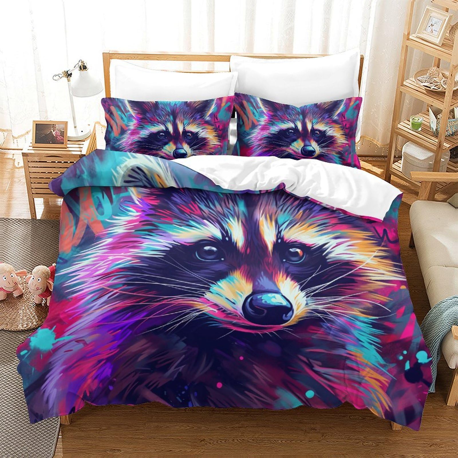 Housse de couette doux imprimé raton laveur pour une chambre d'adulte cocooning