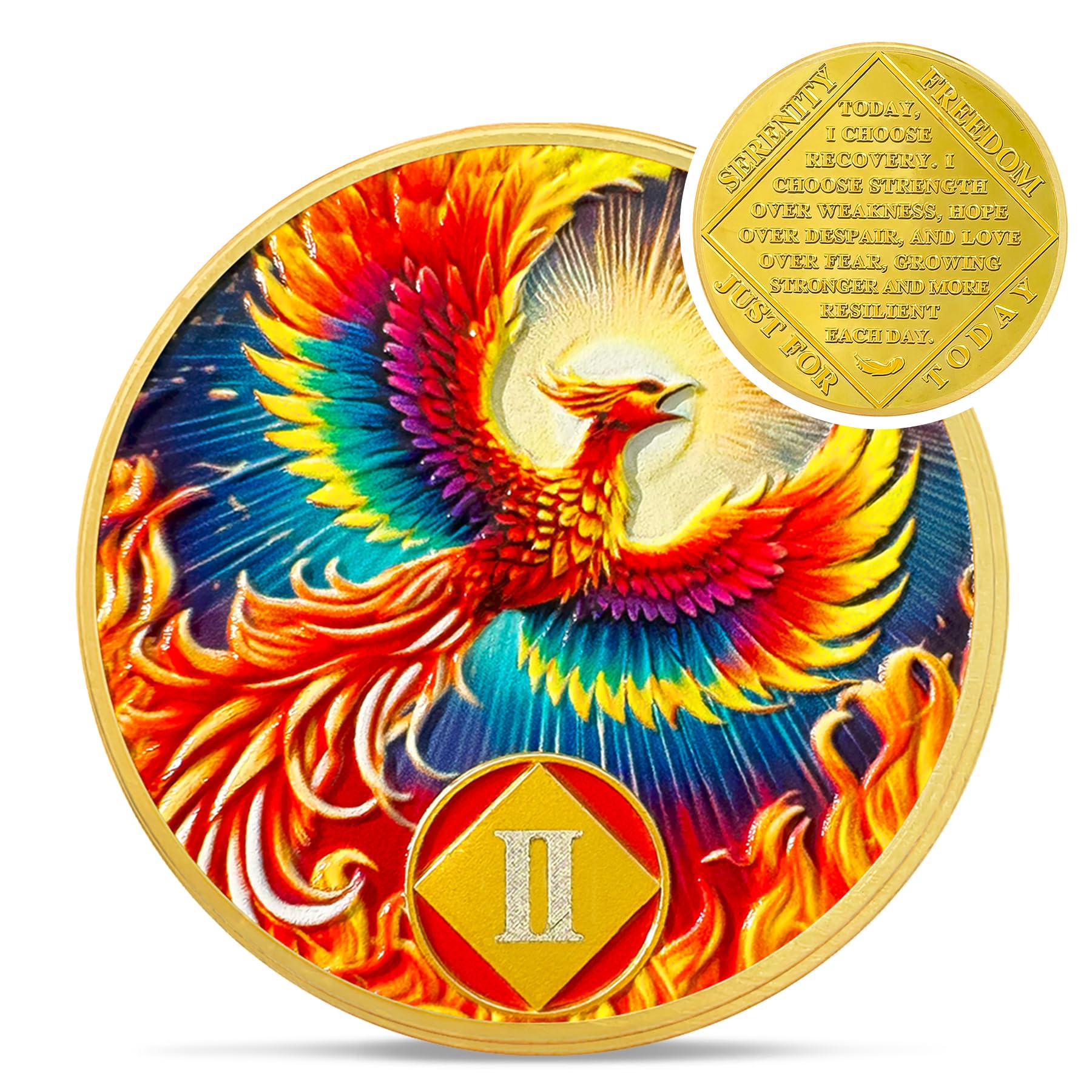 Sunlight Phoenix 2 Year Na Medallions - Reborn from Fire Sobriety Coin - Recovery Addiction NA AA Chips and Medallions - Celebrate Living Clean