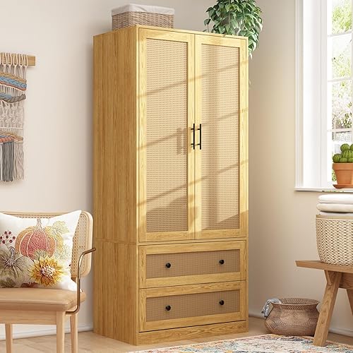ECACAD 31.4”W Wardrobe Closet Armoire with Rattan Doors, 2 Drawers, Storage Shelf & Hanging Rod, Wooden Clothes Storage Cabinet for Bedroom, Light Brown