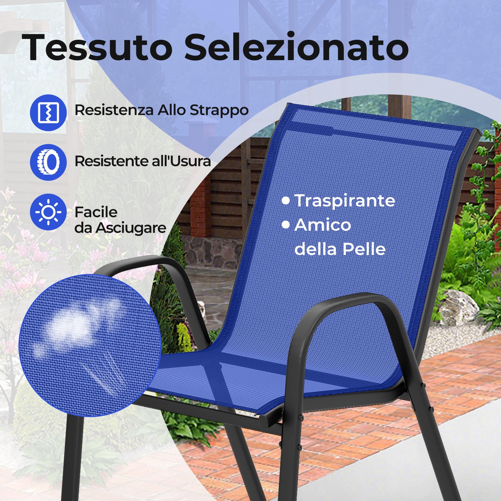 COSTWAY Set Mobili da Giardino 3 Pezzi, con Tavolo Rotondo in Vetro Temperato e 2 Sedie in Textilene Traspirante, per Esterno Balcone Giardino (Blu)
