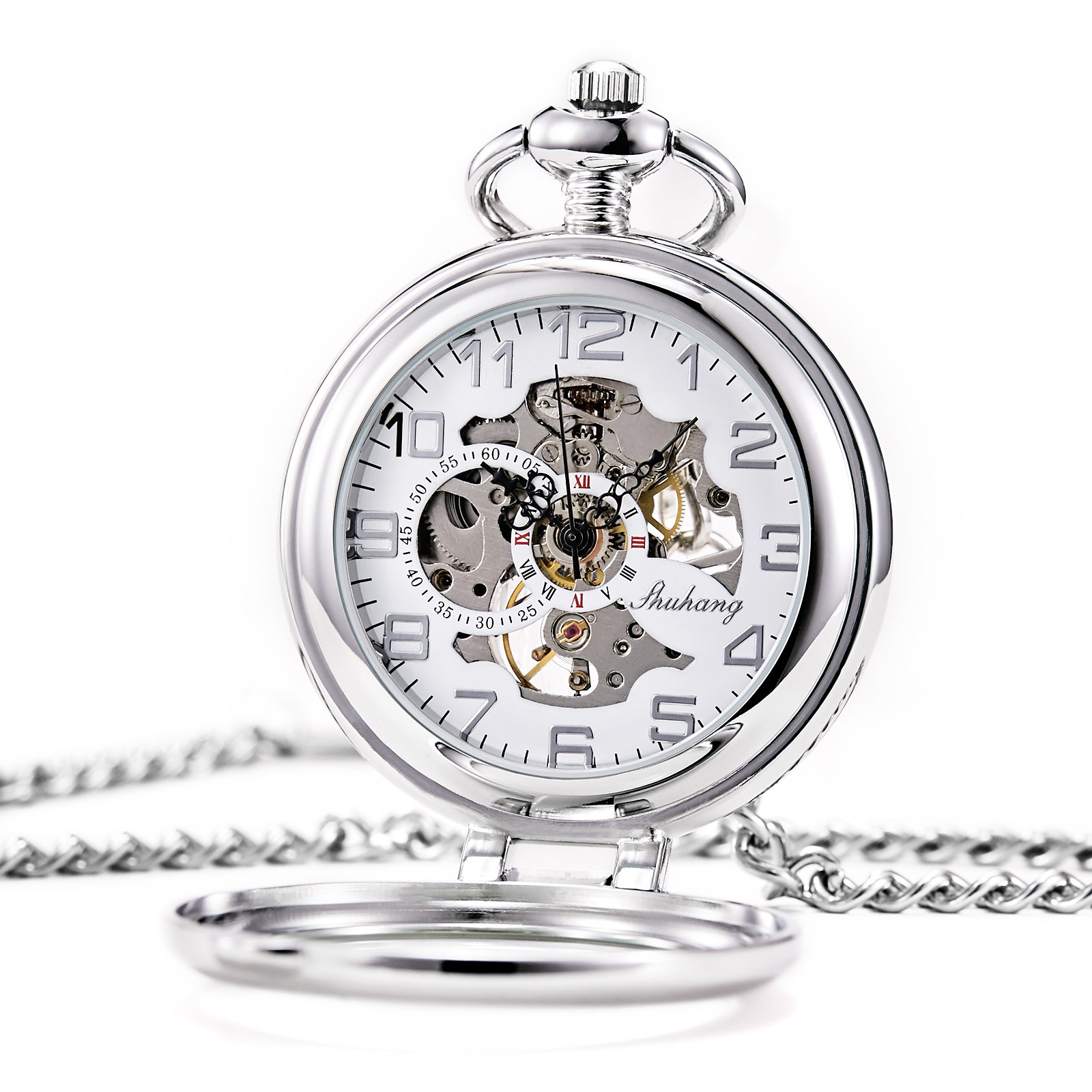 TREEWETO Montre de Poche Mécanique Steampunk pour Homme et Femme, Cadran Squelette Argenté avec Chaîne + Boîte, Argenté, Rétro
