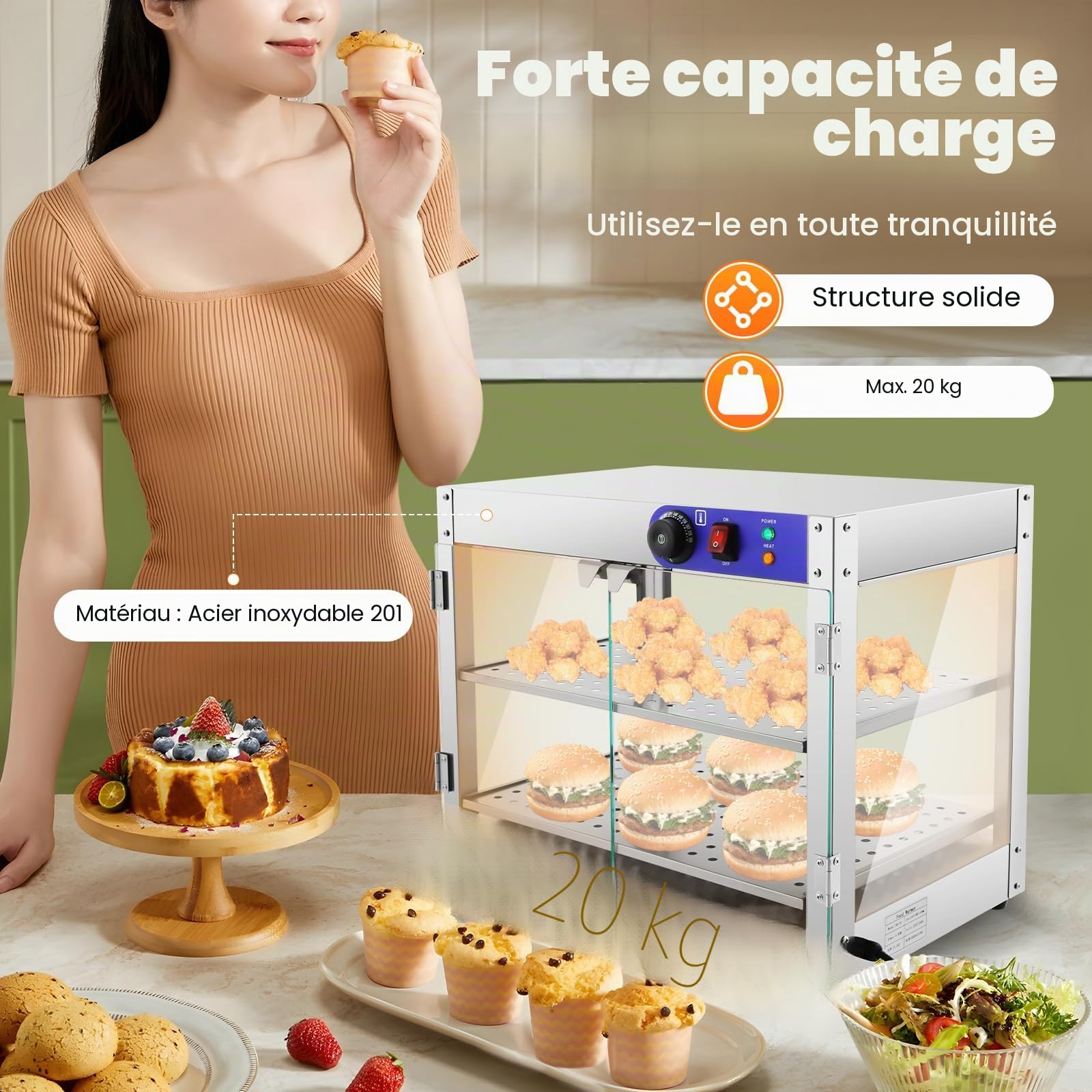 Armoire chauffante, chauffe-plats, 30 à 85 °C, comptoir chaud, 800 W, vitrine de maintien au chaud avec 2 bols en acier inoxydable et 1 pince à pain pour cantines, boulangeries, cafés, restaurants