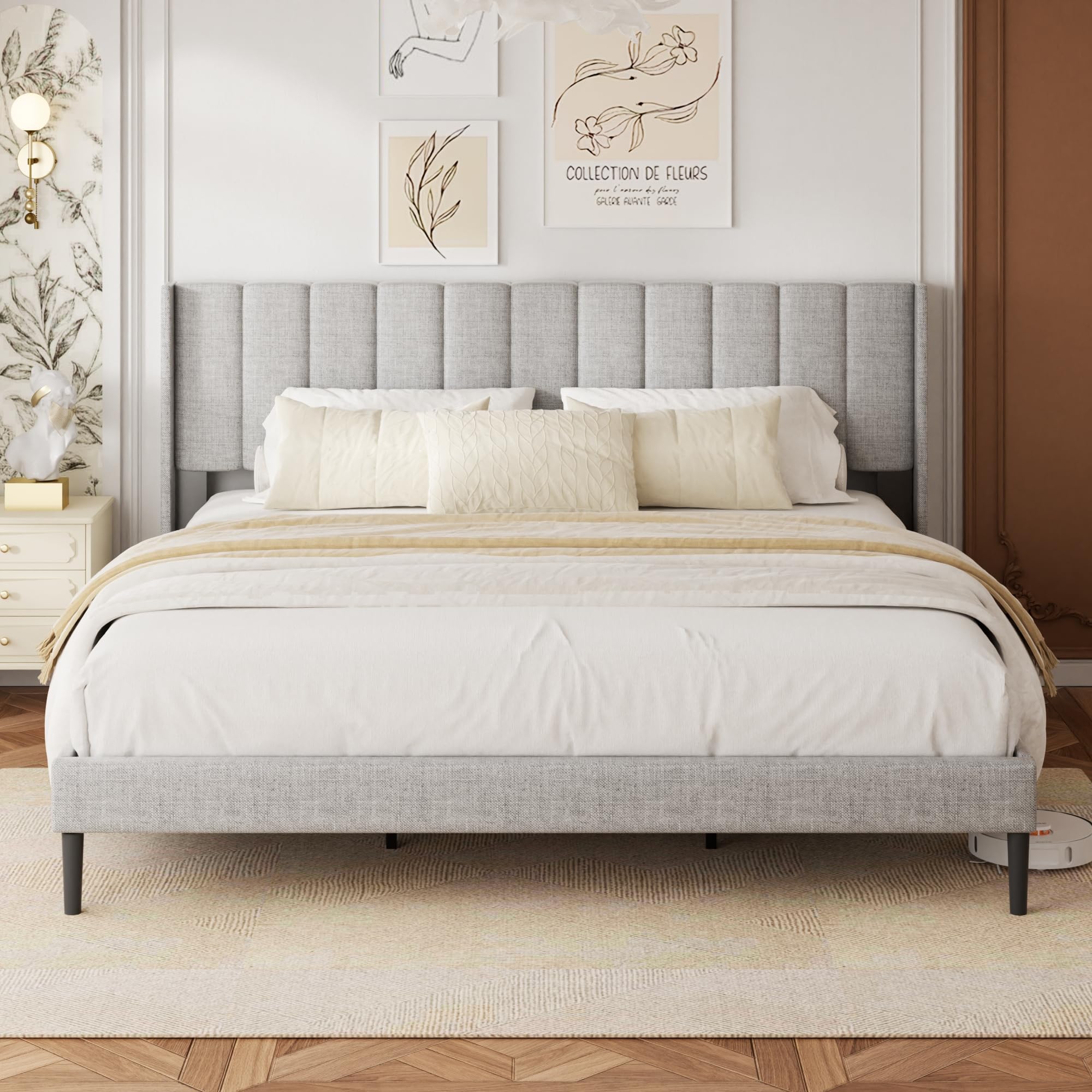 HAOARA King Size Velvet Bed Frame and Vertical Chanel Tufted Headboard, Upholstered Platform Bed wtih Wingback, No Box Spring Needed, Strong Wooden