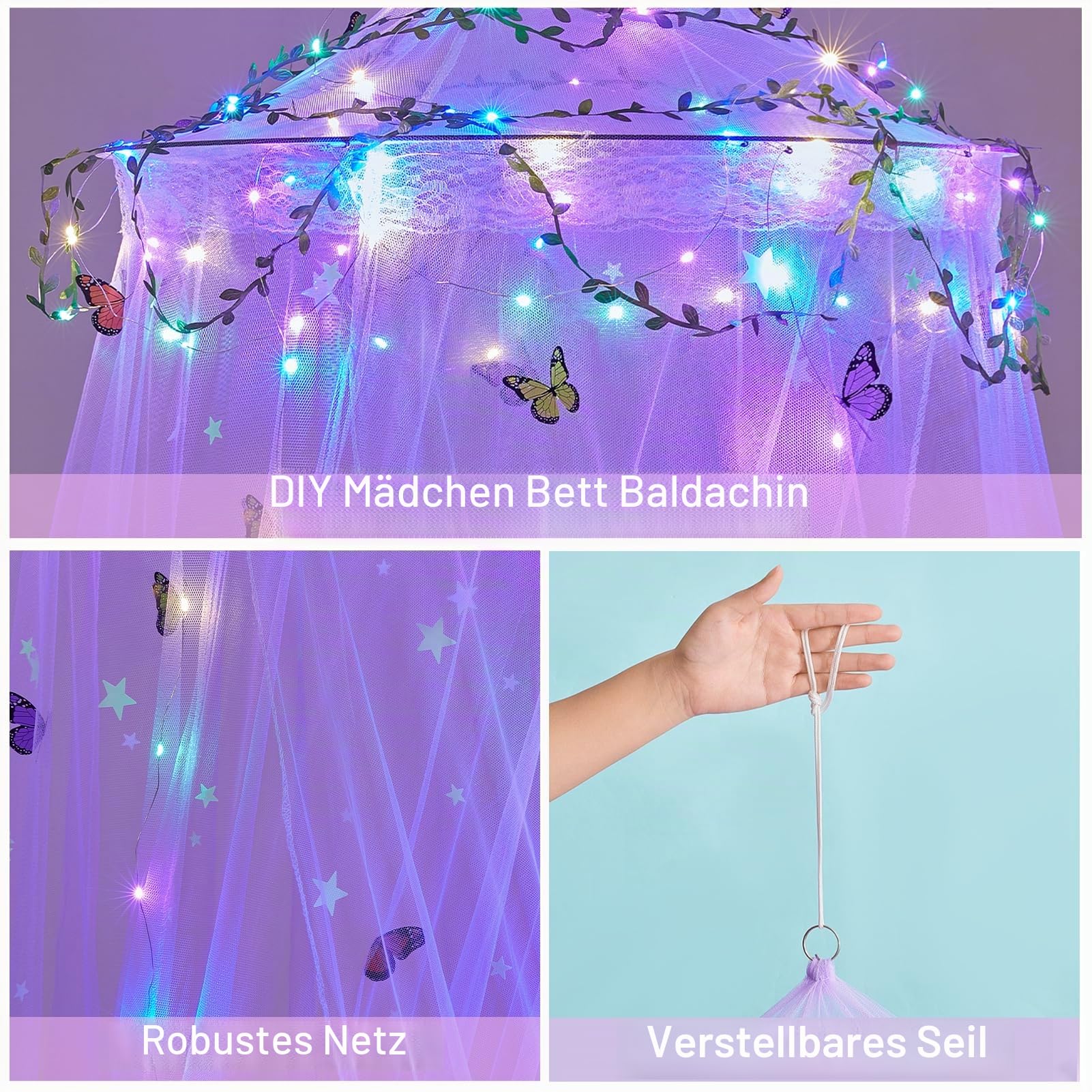 MHJY Prinzessinnenbett Schlafzimmer mit LED Vorhängen, Moskitonetz, Sternen und Schmetterlingen