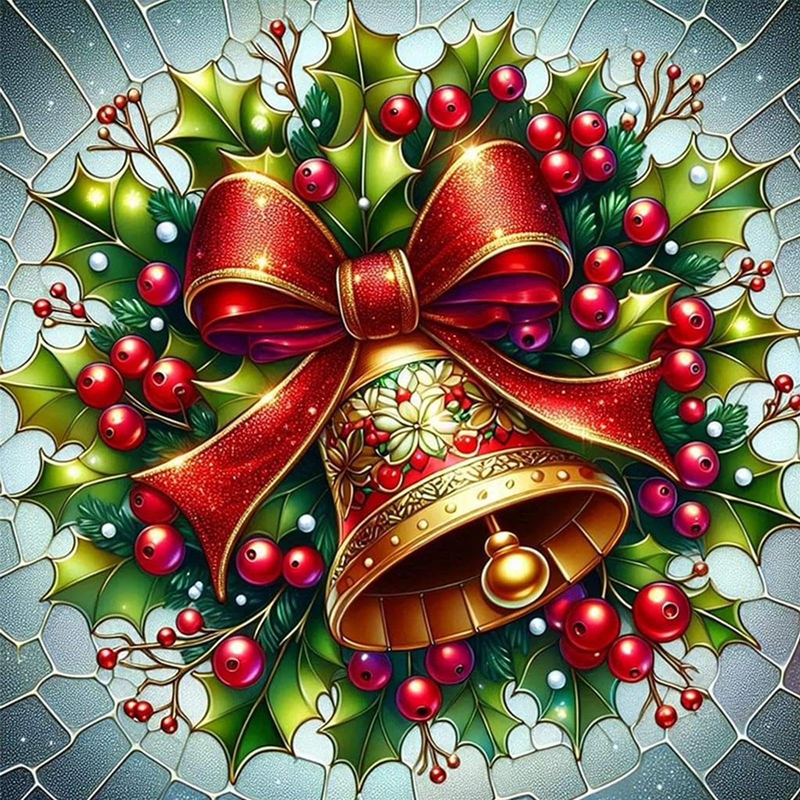 Stamped Cross Stitch Kits for Adults Beginners,Christmas Bells 11CT Printed DIY Canvas Pattern, Easy Needlepoint Embroidery Kit Supplies, Home Wall Decor Art Craft Gift 15.75x15.75inch