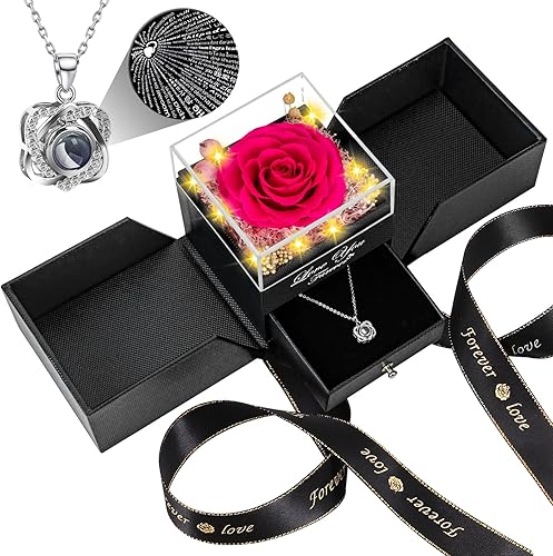 Miniatura 30 de Rosa Real Preservada con Collar de Corazón I Love You - Flores Eternas Regalos de Cumpleaños de Rosa para Ella Mamá Esposa Novia Abuela en San 2