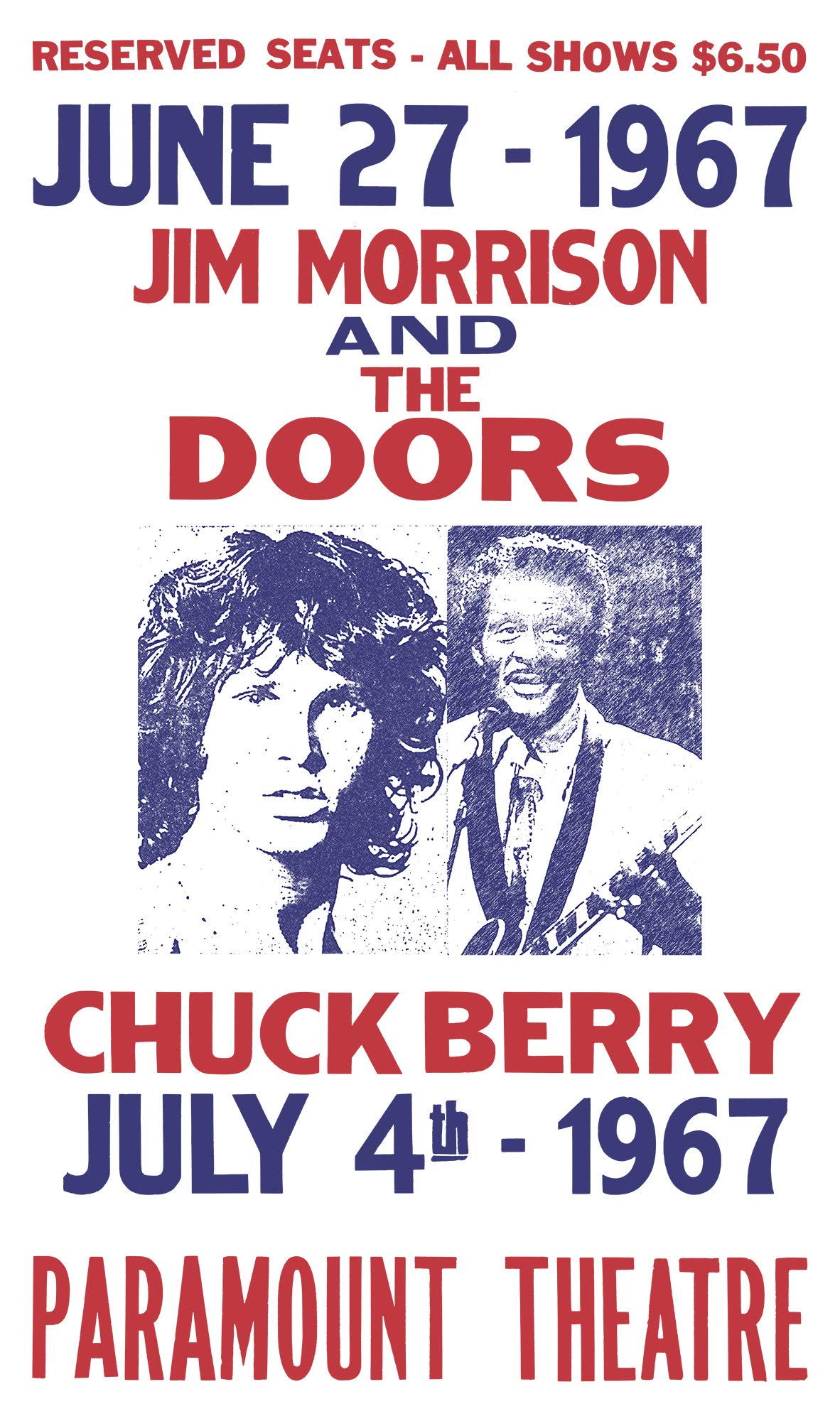 Jim Morrison and The Doors - Chuck Berry - Paramount Theatre 13”x22” Vintage Style Showprint Poster - Concert Bill - Home Nostalgia Decor Wall Art Print