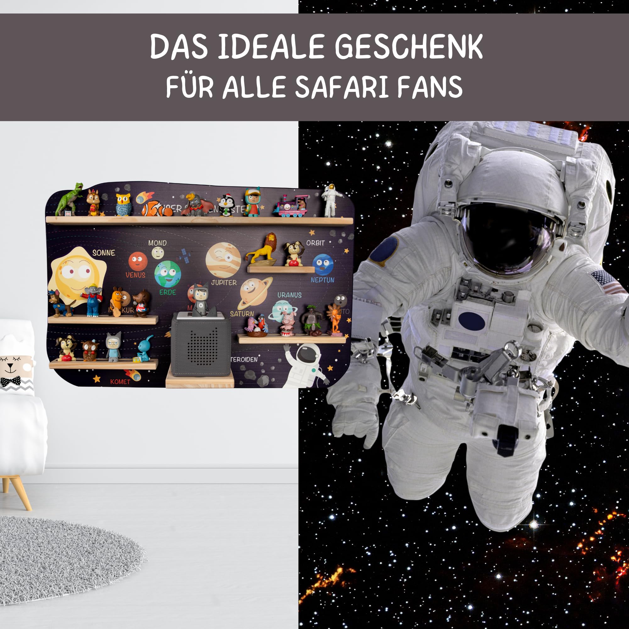 bunnyboo Toniebox Regal - für bis zu 45 Tonies - Testsieger 2024 - Magnetisches Regal für Toniebox und Figuren - geprüfte Qualität - Für Jungen und Mädchen (Astronaut)