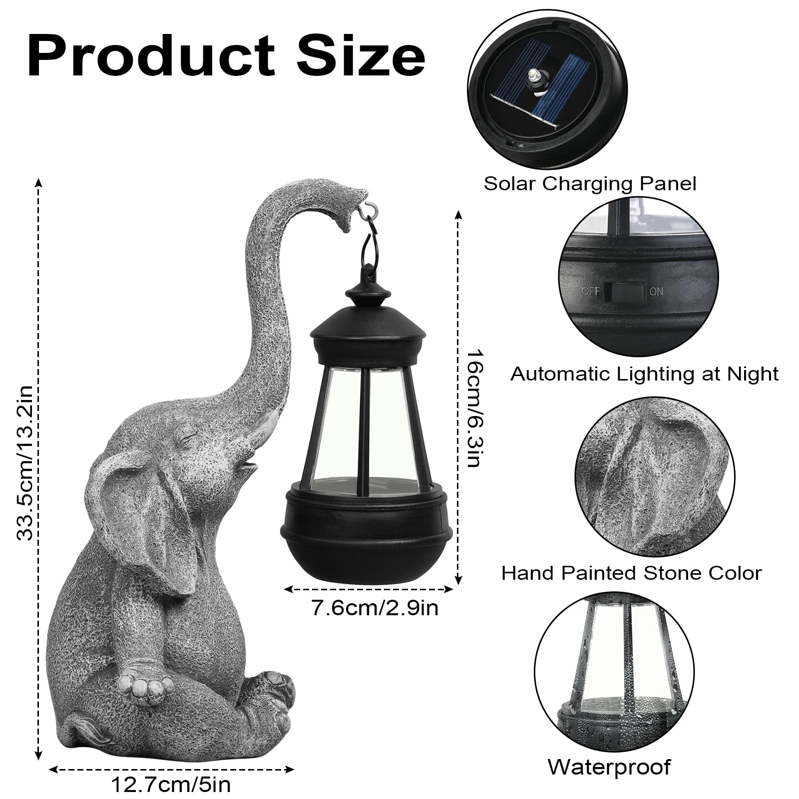 Flintronic Elefante Estatua decoración, 33.5cm Figuras Decorativas de Jardín luz Solar, con Farolillo Solar, para Exteriores, Escultura de Resina