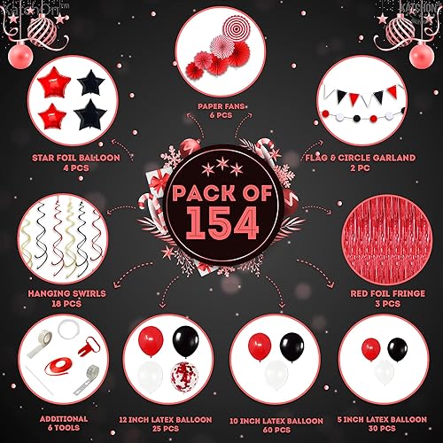 Miniatura 2 de KatchOn, Juego de decoraciones de graduación rojas y negras 2024, paquete de 158, globos rojos 2024, telón de fondo de flecos rojos, kit de arco de