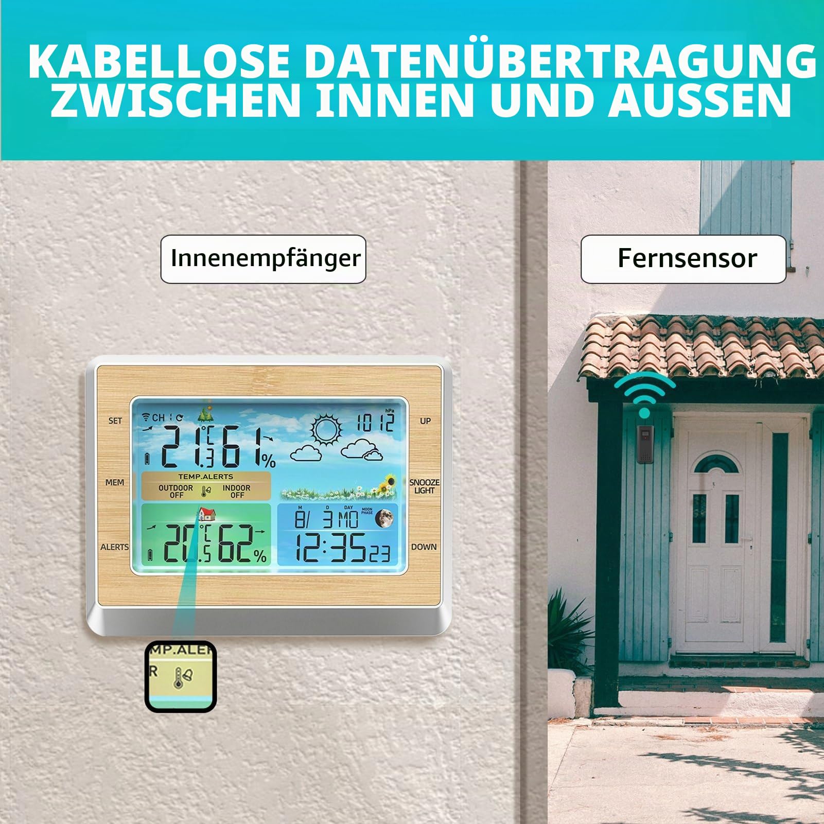 WLAN-Wetterstation mit LED-Farbbildschirm, Helligkeitsanpassung, Temperatur und Luftfeuchtigkeit, wetterfest, subitoaste, Datum, Alarm, Wettervorhersage