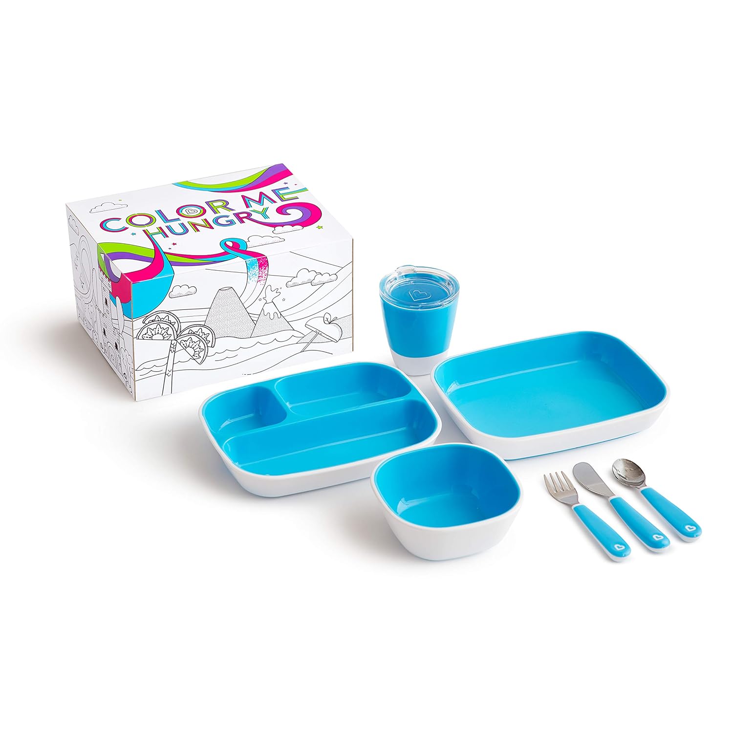 Munchkin Color Me Hungry Splash 7pc Toddler Dining Set – Plate, Bowl, Cup, and Utensils in a Gift Box, Blue : Baby