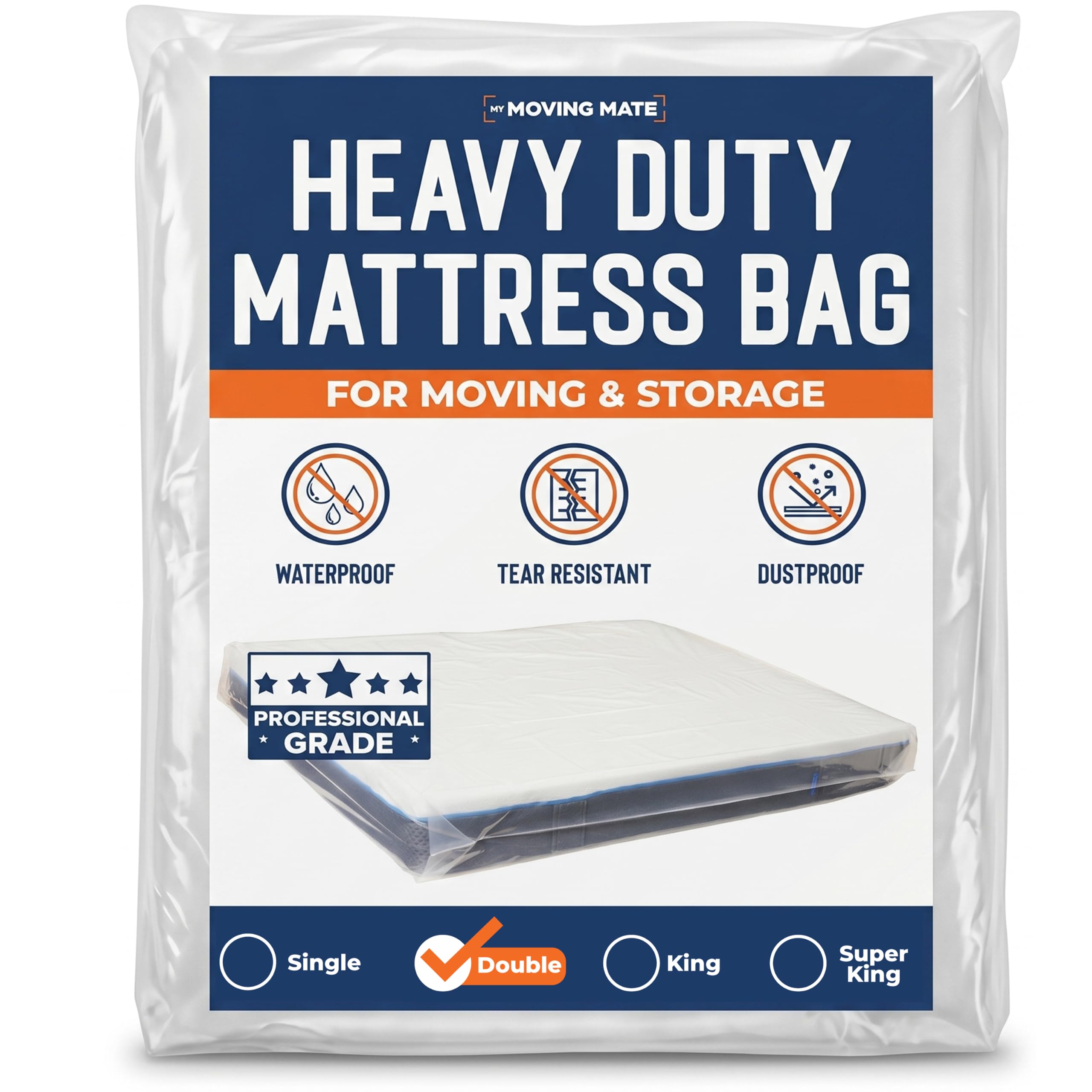 My Moving Mate Clear Double Mattress Bags For Moving & Storage - Heavy Duty Double Mattress Cover For Moving House & Self Store - Plastic Mattress Storage Bag Protector - Strong, Reusable, Tearproof - 4Ft 6"