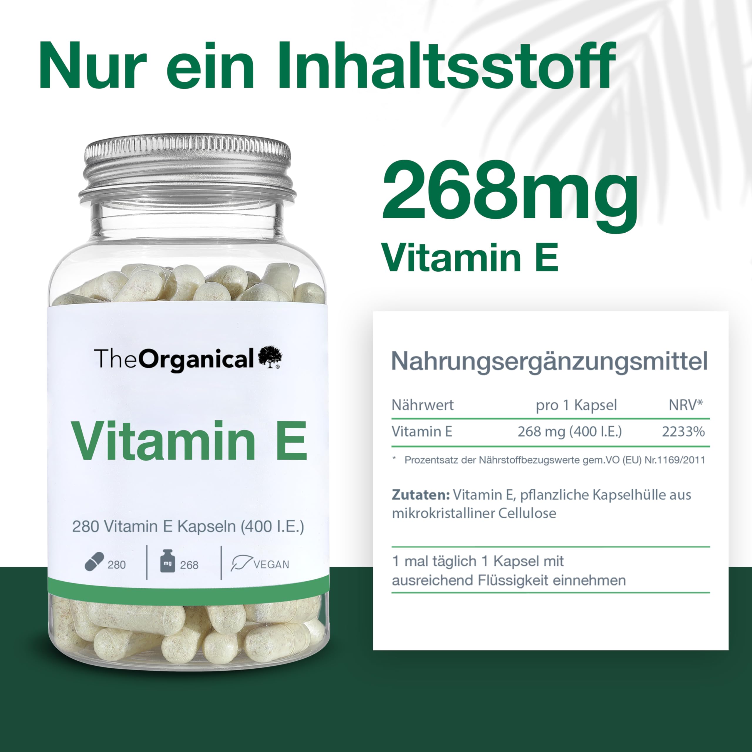 Neu: TheOrganical® Vitamin E Kapseln | Vegan & Ohne Zusatzsoffe | 268 mg (400 IE) | 280 Kapseln | Made in Germany | Vitamin E Hochdosiert | Tocotrienol