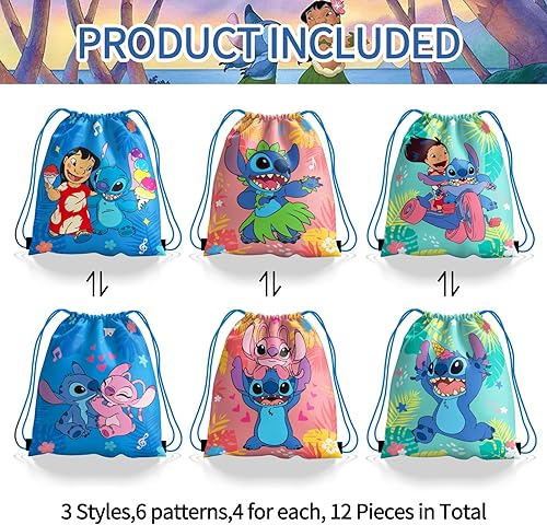 Miniatura 3 de Nuwontun 12 bolsas de dulces de puntada con cordón, bolsas de regalo para niños, decoraciones de fiesta de cumpleaños Lilo & Stitch (10.6 x 13.3
