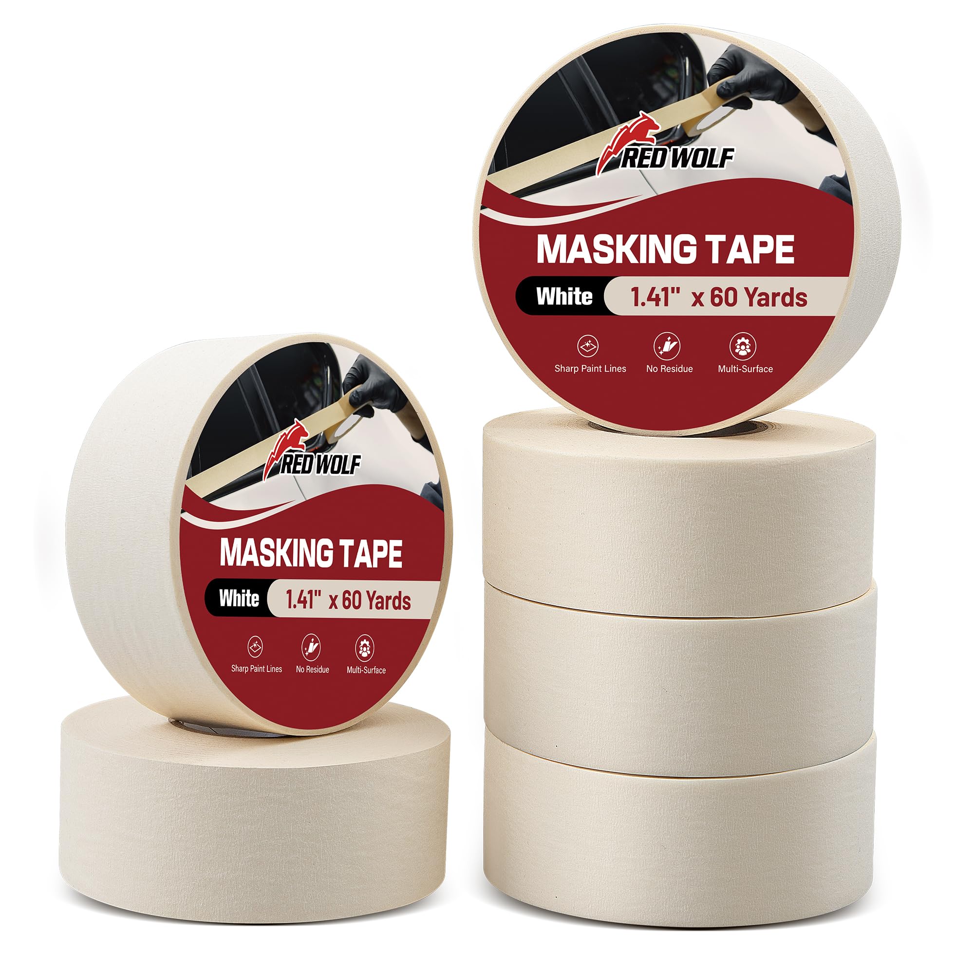 RED WOLF 1.41" x 60 Yards Masking Tape 6 Pack, General Purpose for Painting Arts Crafts Label Car Painting, Sharp Paint Line No Residue Painters Tape