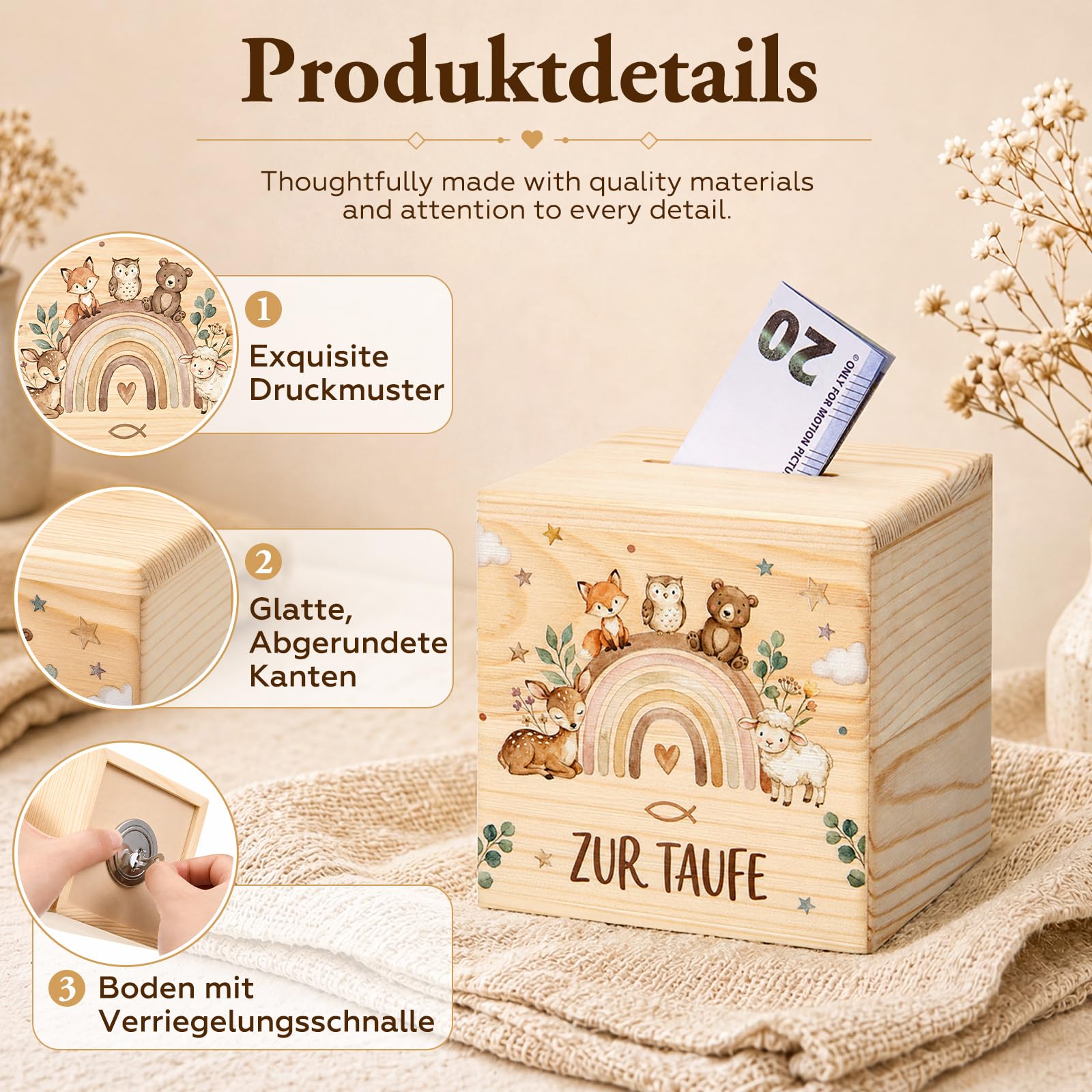 Jadive Spardose Holz mit Schlüssel und Marker 10 x 10 cm Holzspardose Personalisiert Taufgeschenk für Mädchen/Jungen Taufspardose zur Geburt Einschulung