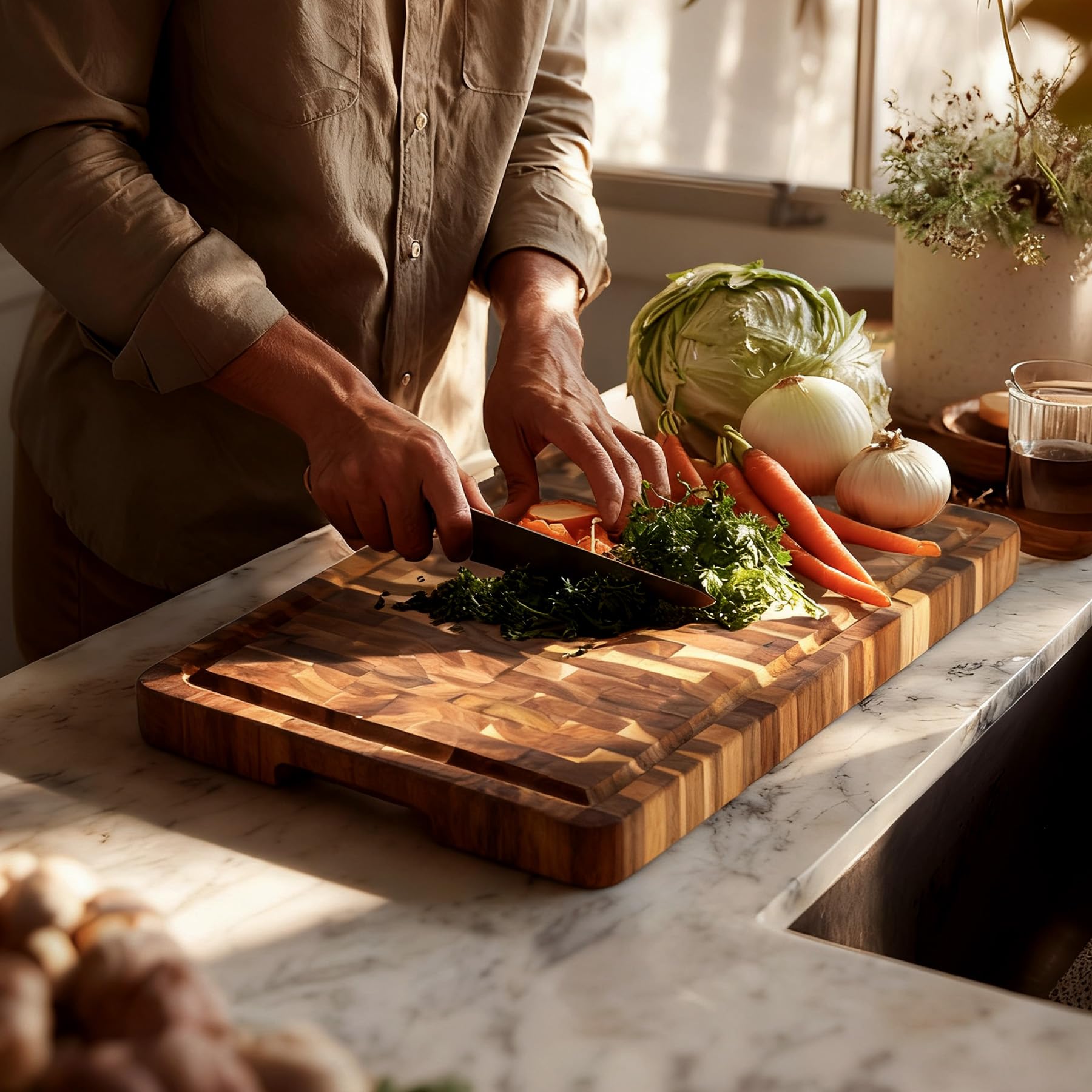 Utoplike Tagliere in acacia, 43 x 30.5 cm, tagliere in legno con scanalatura per succo e manici su un lato, blocco reversibile per carne, verdure, 3.5 cm
