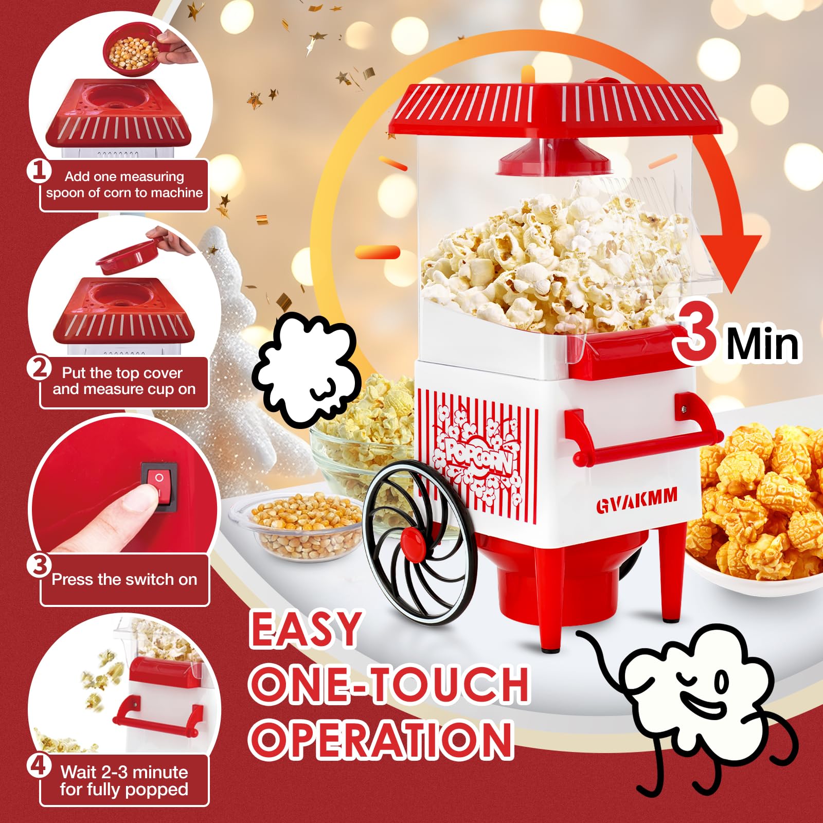 Macchina per popcorn, kit per popcorn ad aria calda, scatola regalo portatile, macchina per popcorn domestica, 10 tazze, senza olio, stile retrò, compatta EU