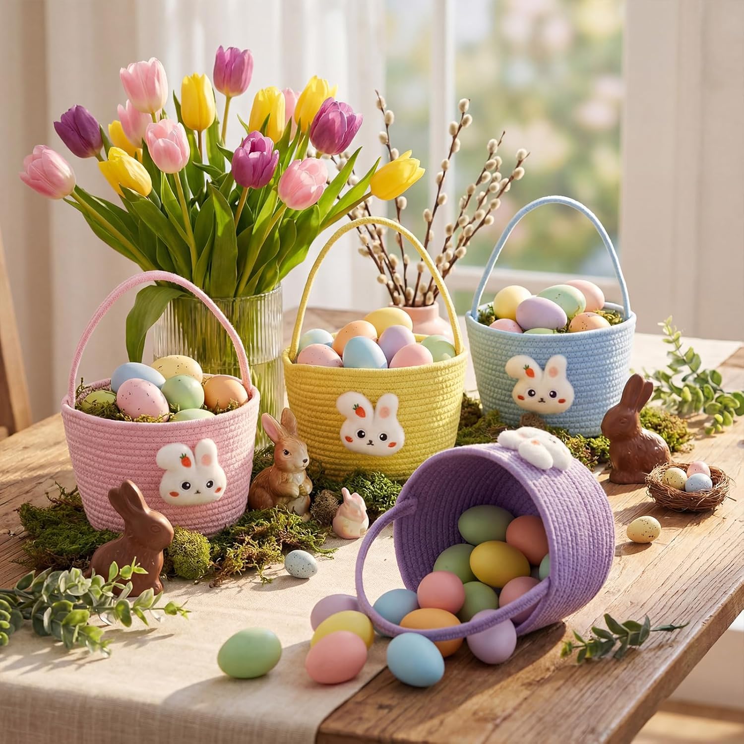 4 Pcs Easter Basket Woven Bunny Bags with Handle Hunting Hunt Bucket Empty Egg Basket with Bunny Accessories for Easter Gift Egg Hunts Party Decorations (4 Colors)