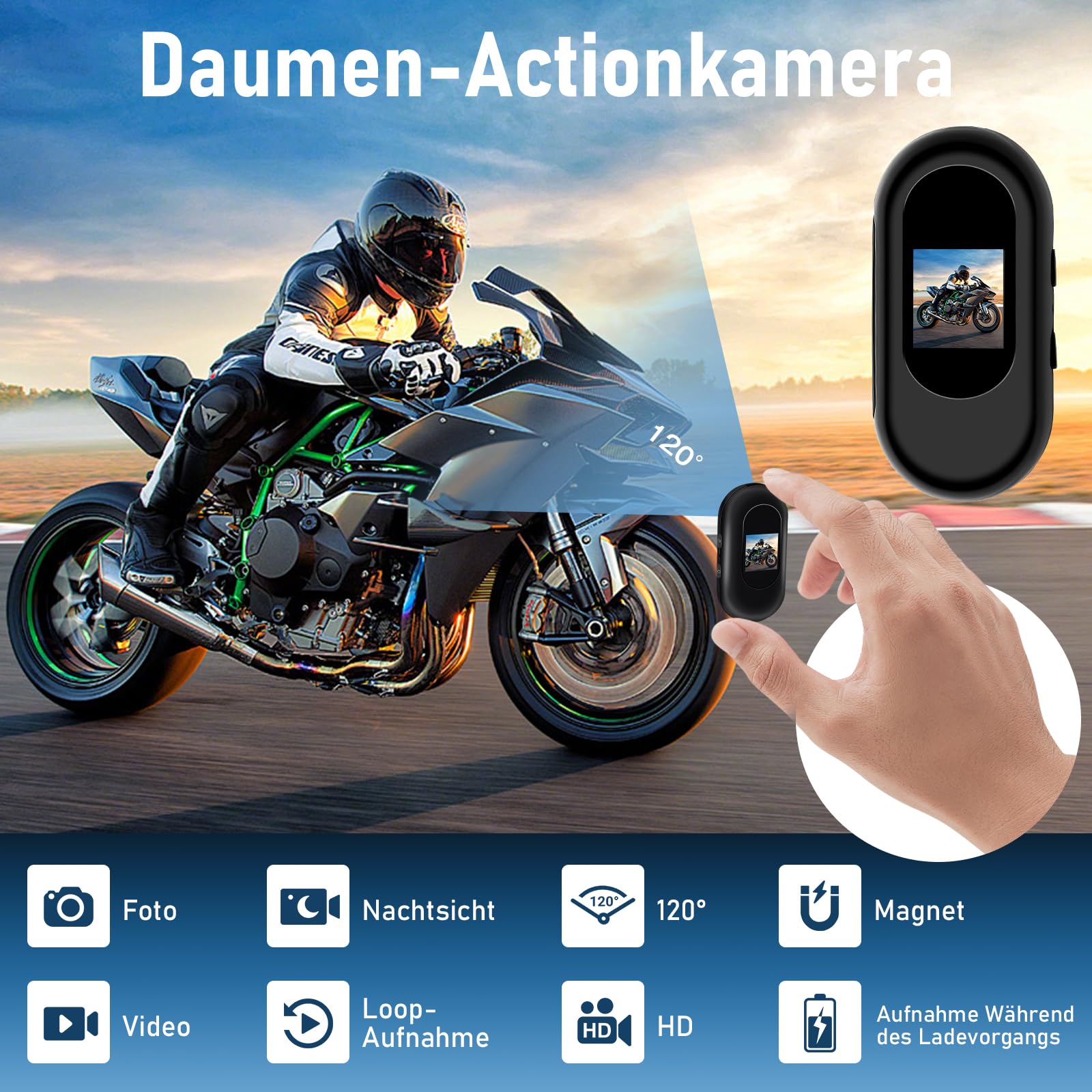 LXMIMI Mini Action Kamera, 120° Tragbare Sportkamera mit 0,63-Zoll-Display | Mini-Körperkamera HD 1080P Helm ActionKamera, Motorrad Sport Kamera, Daumen Action Kamera Unterstützung Auto-Nachtsicht