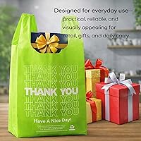 Vista 6 de YoYoRain 100 unidades de bolsas de camiseta “Gracias” – Bolsas de plástico verdes para compras con asas, para venta al por menor, abarrotes