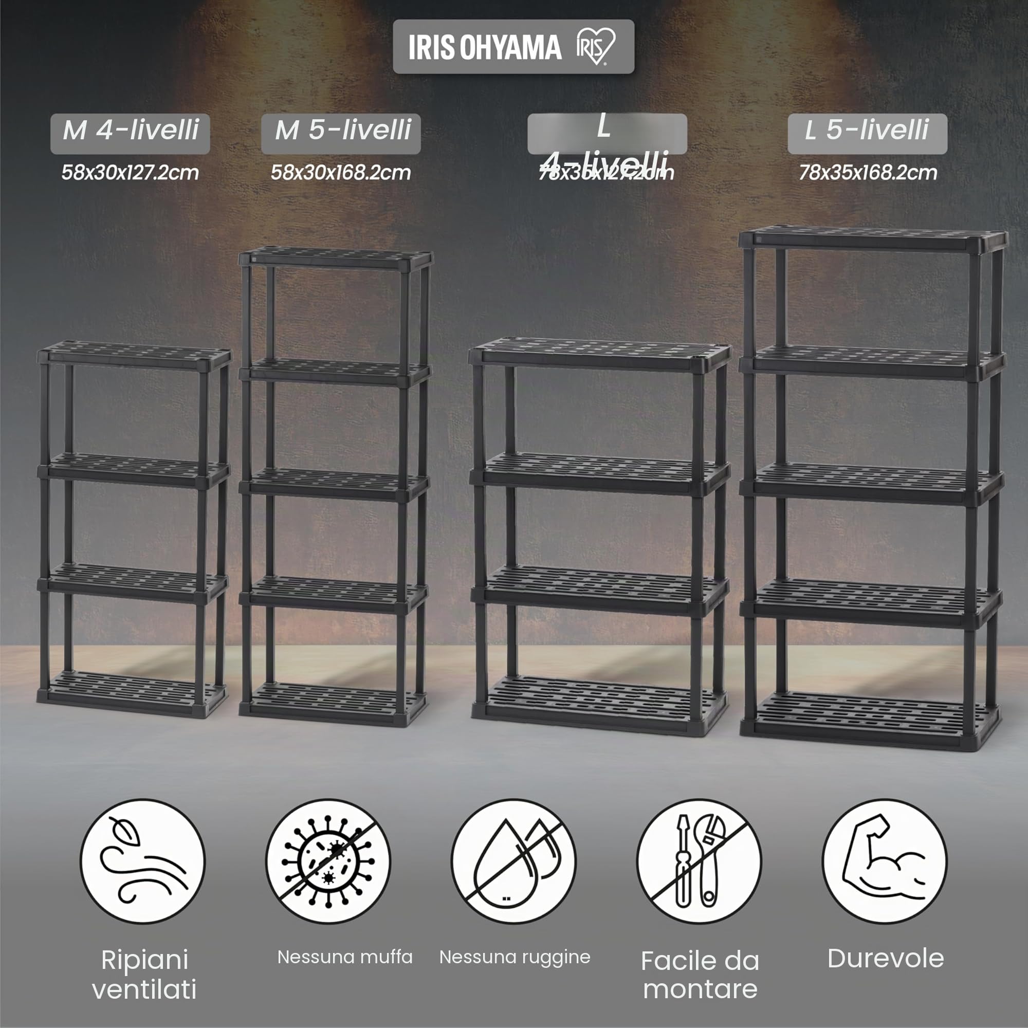 Iris Ohyama, Set di 2 Scaffali in plastica resistente, capacità di 100 kg, facile da montare, 4 ripiani, senza BPA, ripiano per garage, cucina, spazio di lavoro, PRS-M4, nero