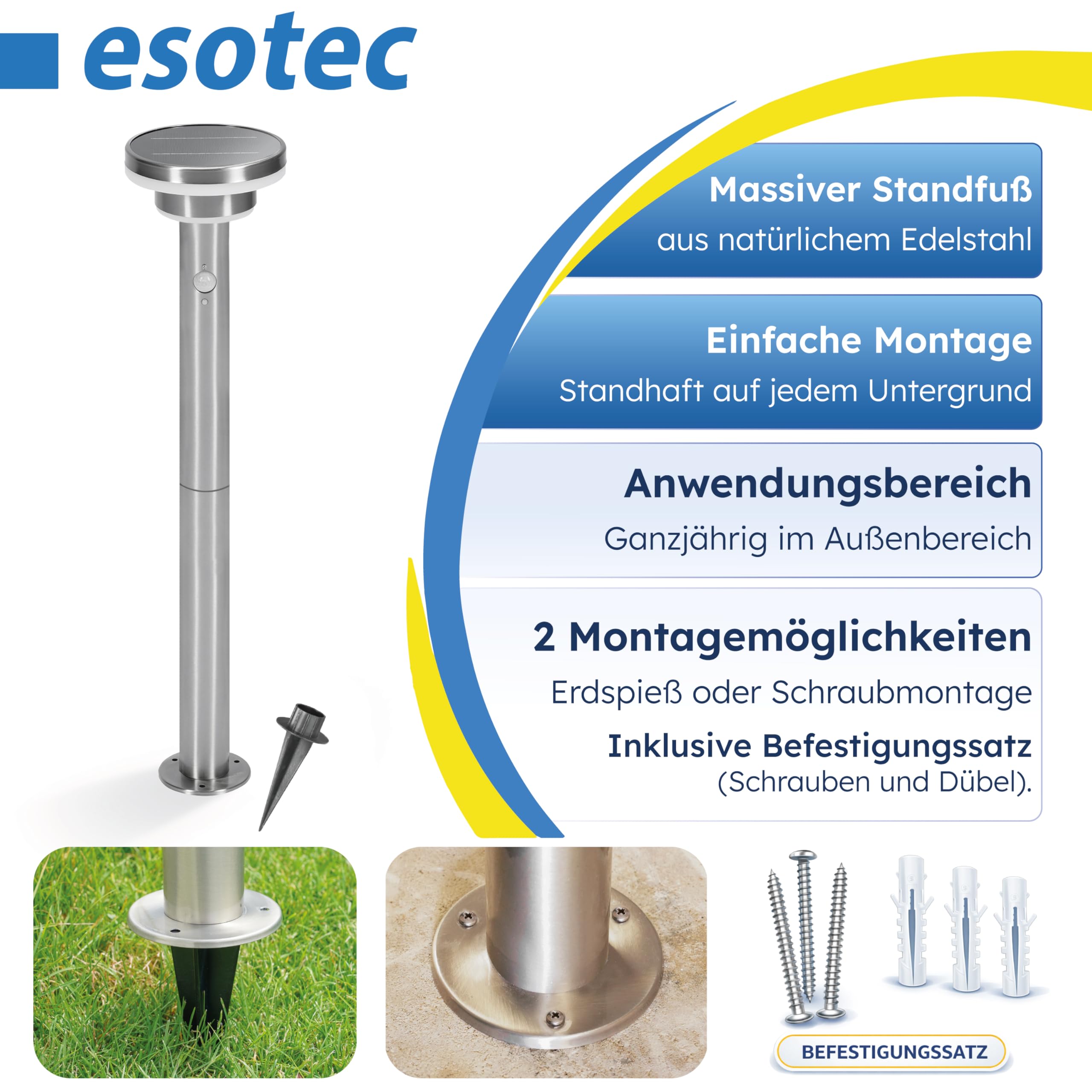 esotec Solar PIR Standleuchte Modena 85, Bewegungsmelder, 3 Leuchtmodi, Akku, LED Solarleuchte, Wegeleuchte, Gartenbeleuchtung, Metall, IP44, außen, wetterfest, silber, Höhe 85cm, 102755