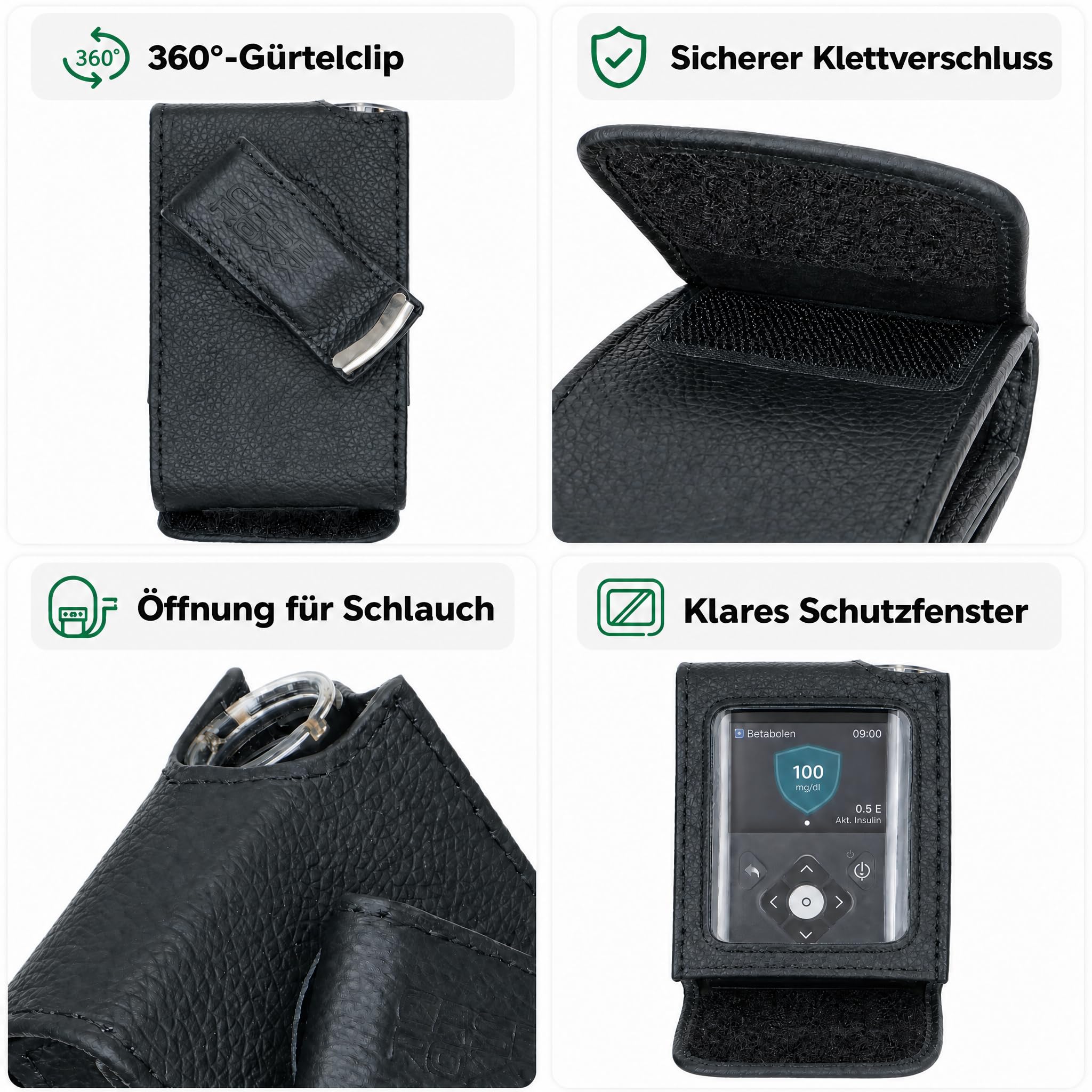 caseroxx Torba na pompkę insulinową z prawdziwej skóry kompatybilna z pompkami insulinowymi Medtronic MiniMed serii 600 i 780G, klips na pasek, etui ochronne w kolorze czarnym