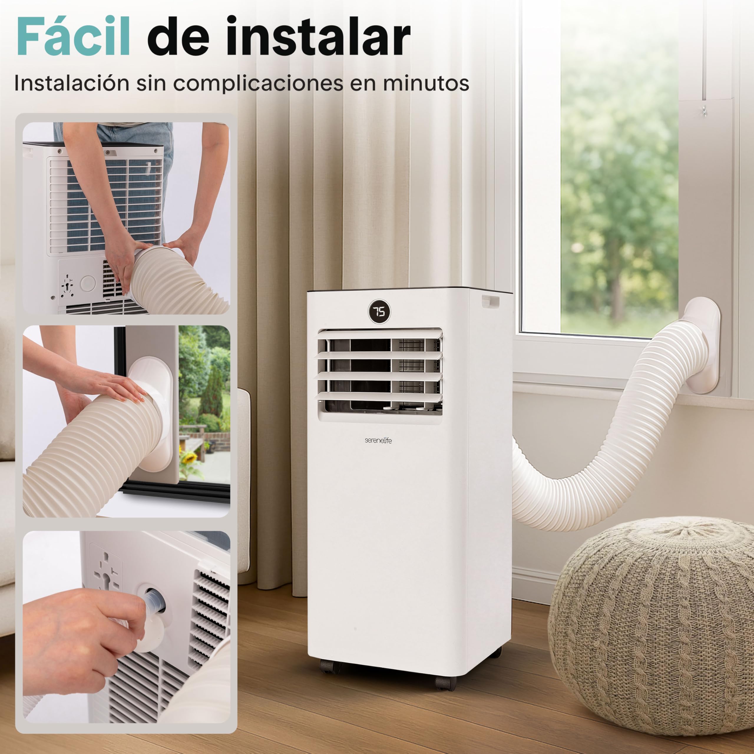 SereneLife Aire Acondicionado Portátil 9000 BTU, Climatizador WiFi con Mando a Distancia, Kit de Montaje para Ventana, Deshumidificador y Ventilador, Compacto para Casa, Oficina y Escuela