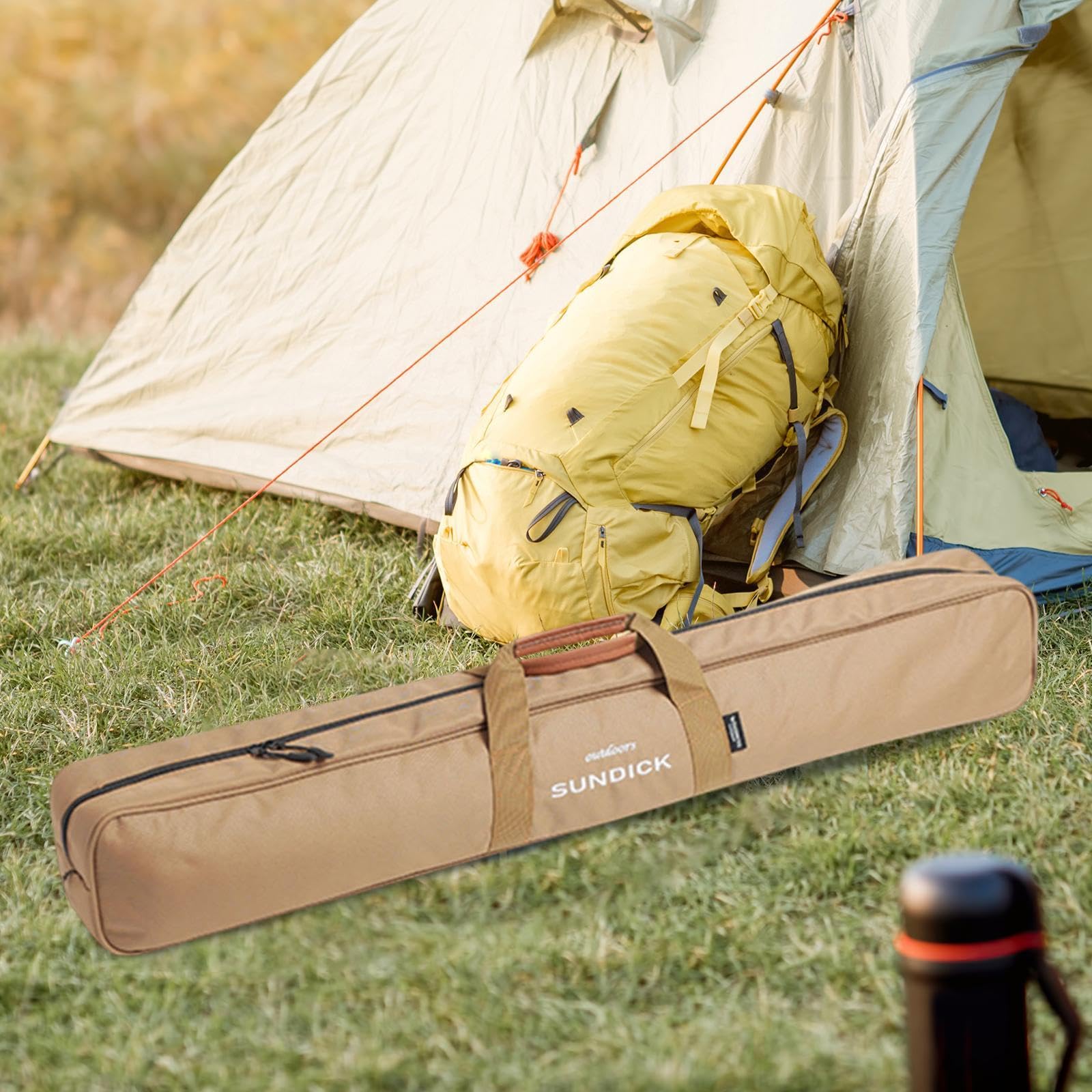 Vaveren Tent Pole Bag Picnic Handbag Stuff Pouch Garage Trunk Organizer Zipper Closure Tripod Carrying Case for Outdoor Sports Travel, Brown
