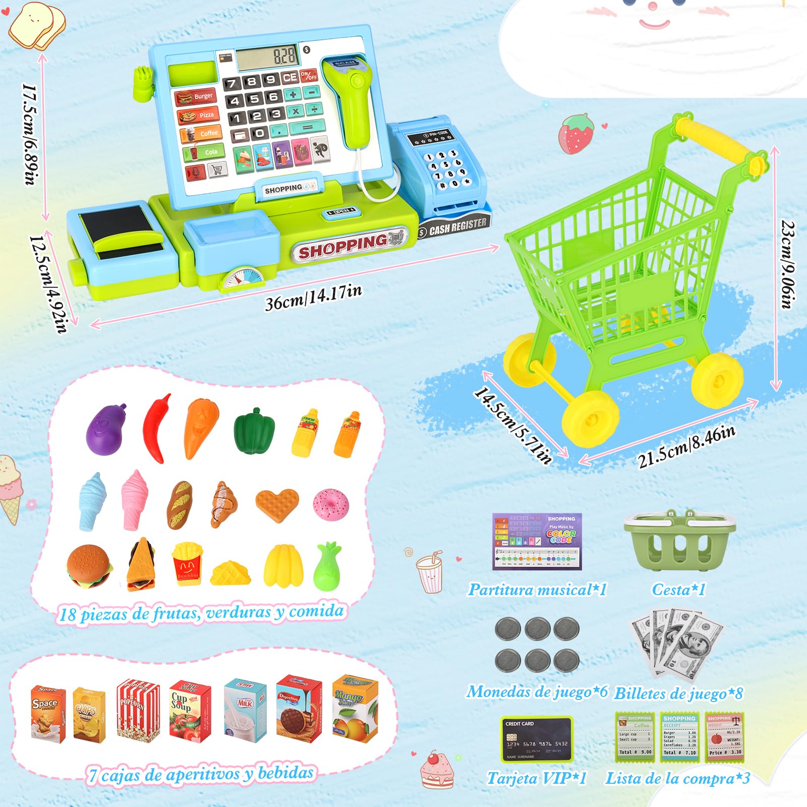Caja Registradora Juguete Niños Juego de Imitación Supermercado con Sonidos, la Compra, Regalo Educativo para Niños y Niñas de 3, 4, 5, 6 Años (Blau)