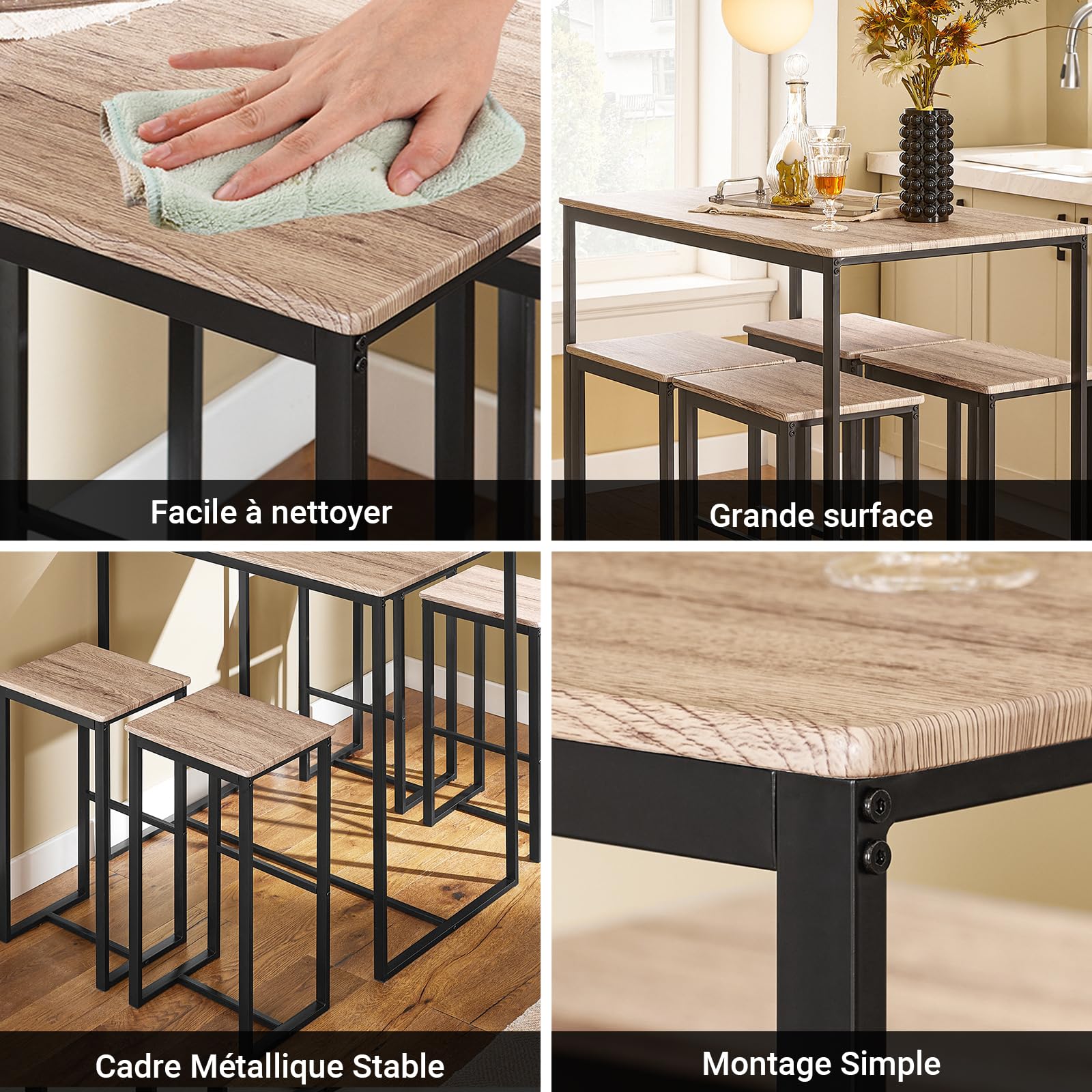 SoBuy Table Haute Mange Debout avec 4 Tabourets Ensemble Table Bar Cuisine Gain de Place pour Petit Espace Table Mange-Debout Compacte pour Cuisine, Balcon ou Salle à Manger 100x60x93cm OGT15-N