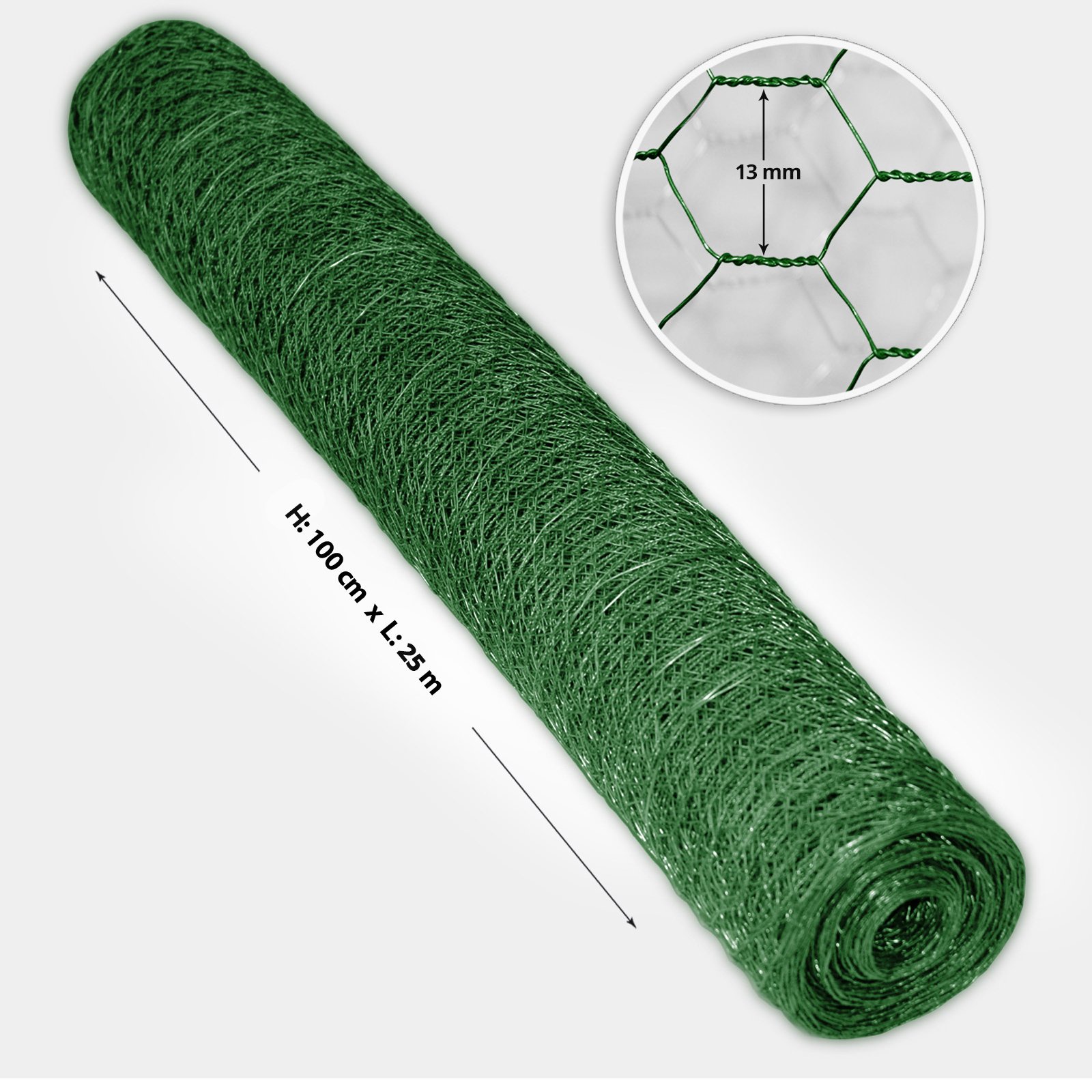 casa pura Grillage en fil de fer zingué - Clôture pour poulailler Jardin - Treillis de bricolage, Grille résistante aux intempéries, épaisseur du fil 0.8 mm, Maille 13mm - (H) 1m x (L) 25m Vert