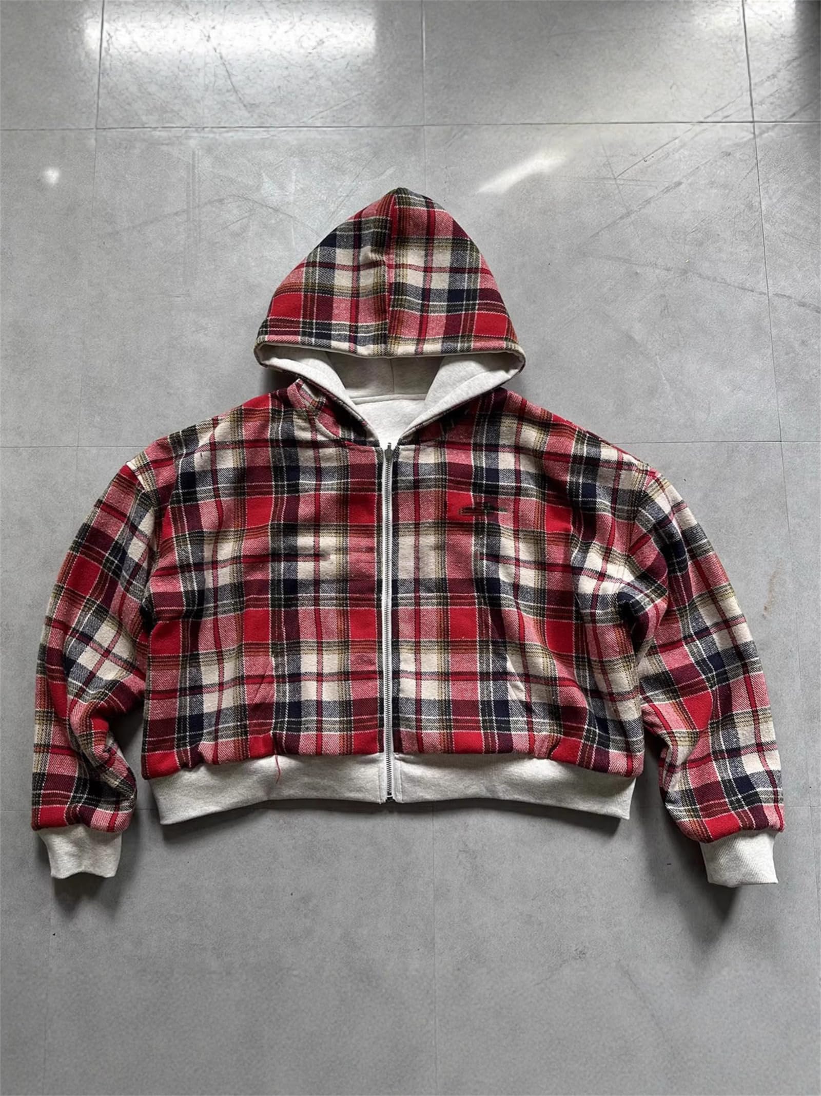 Generisch Oversize-dwustronna bluza z kapturem dla kobiet i mężczyzn, w kratkę, w stylu Streetwear-vintage, z zamkiem błyskawicznym i kapturem