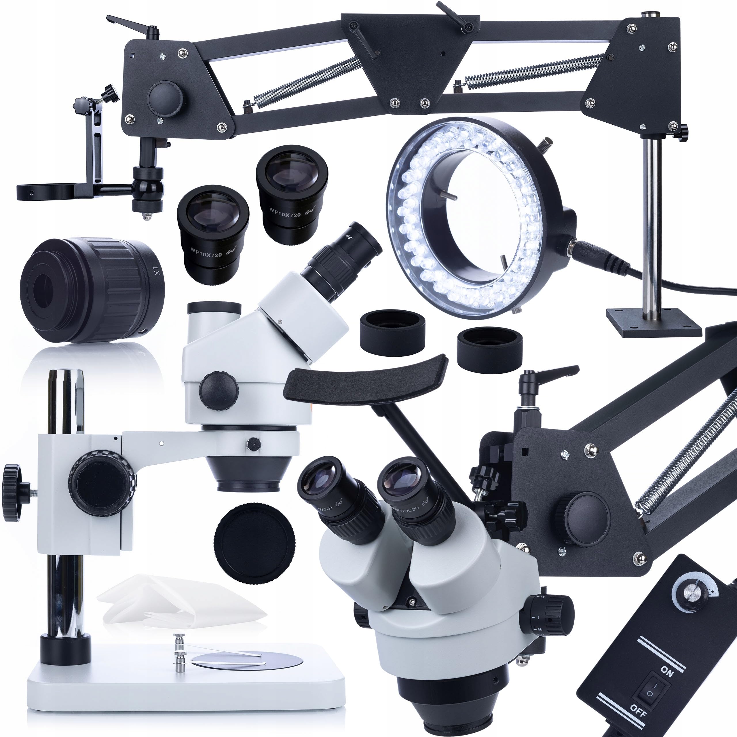 Rosfix Mercury Pro MSMP-T-PS1 - Microscopio estereoscópico trinocular con zoom de 7 x - 45x | Brazo de mesa de 80 cm WDMS2 | 56 x LED anillo de luz | para laboratorio, industria, electrónica | sistema