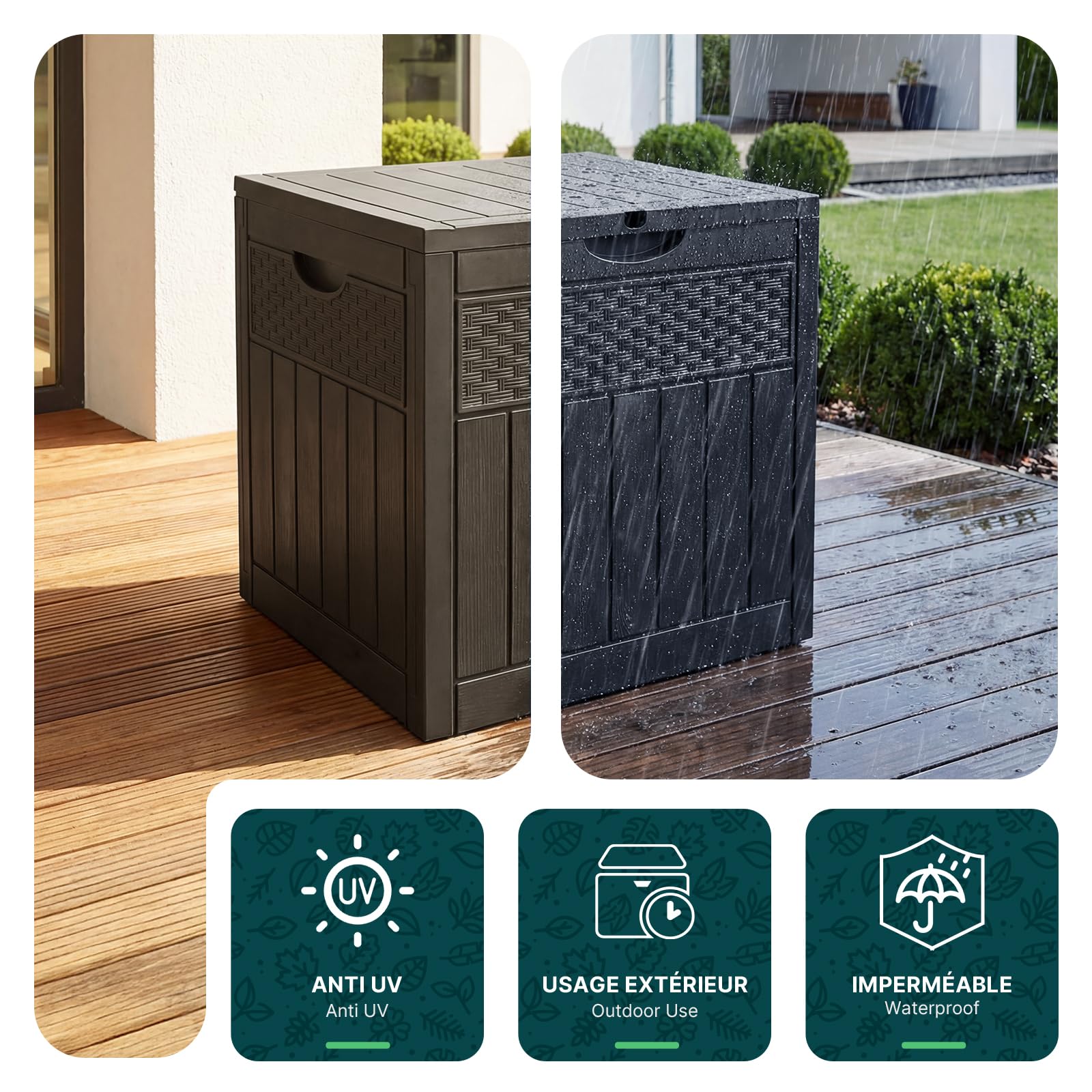 VOUNOT® 126L Outdoor Storage Box with Lid, Lockable Garden Storage Chest, Waterproof Plastic Deck Box for Cushions, Tools & Parcel Delivery, Rattan Effect, Black - 5