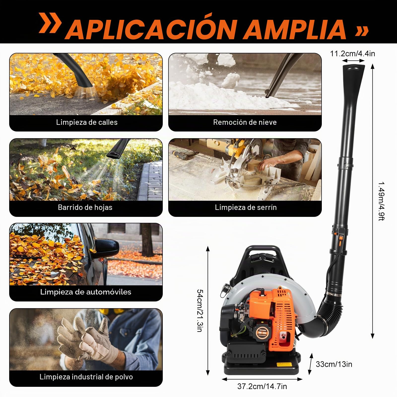 Gasolina Mochila Soplador de hojas, 63 CC Single ylinder 2 tiempos, motor refrigerado por aire, soplador de hojas, soplador de hojas comercial, soplador de gasolina para la eliminación de polvo, hojas