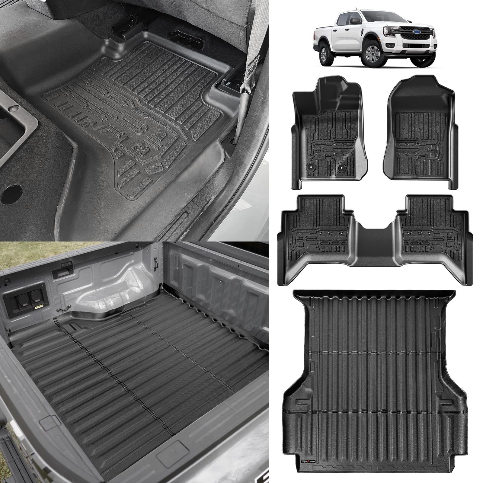 TripleAliners Truck Bed Mat & Floor Mats Front Rear Full Set Compatible with Ford Ranger 2024-2025 SuperCrew Accessories All Weather TPE Truck Liner Custom Fit (5FT Truck Bed Mat+Floor Mats)Global Recycled StandardGlobal Recycled StandardGlobal Recycled Standard