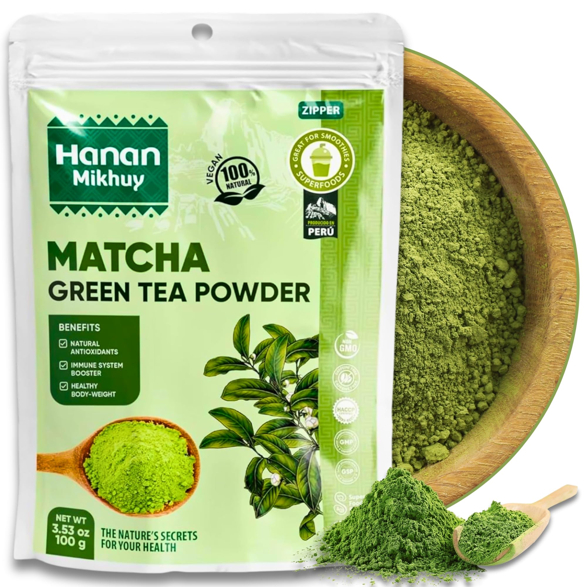 Hanan Mikhuy Matcha Green Tea Powder 100g - 100 Natural T Verde Molido - Vegan Non-GMO Gluten-Free -