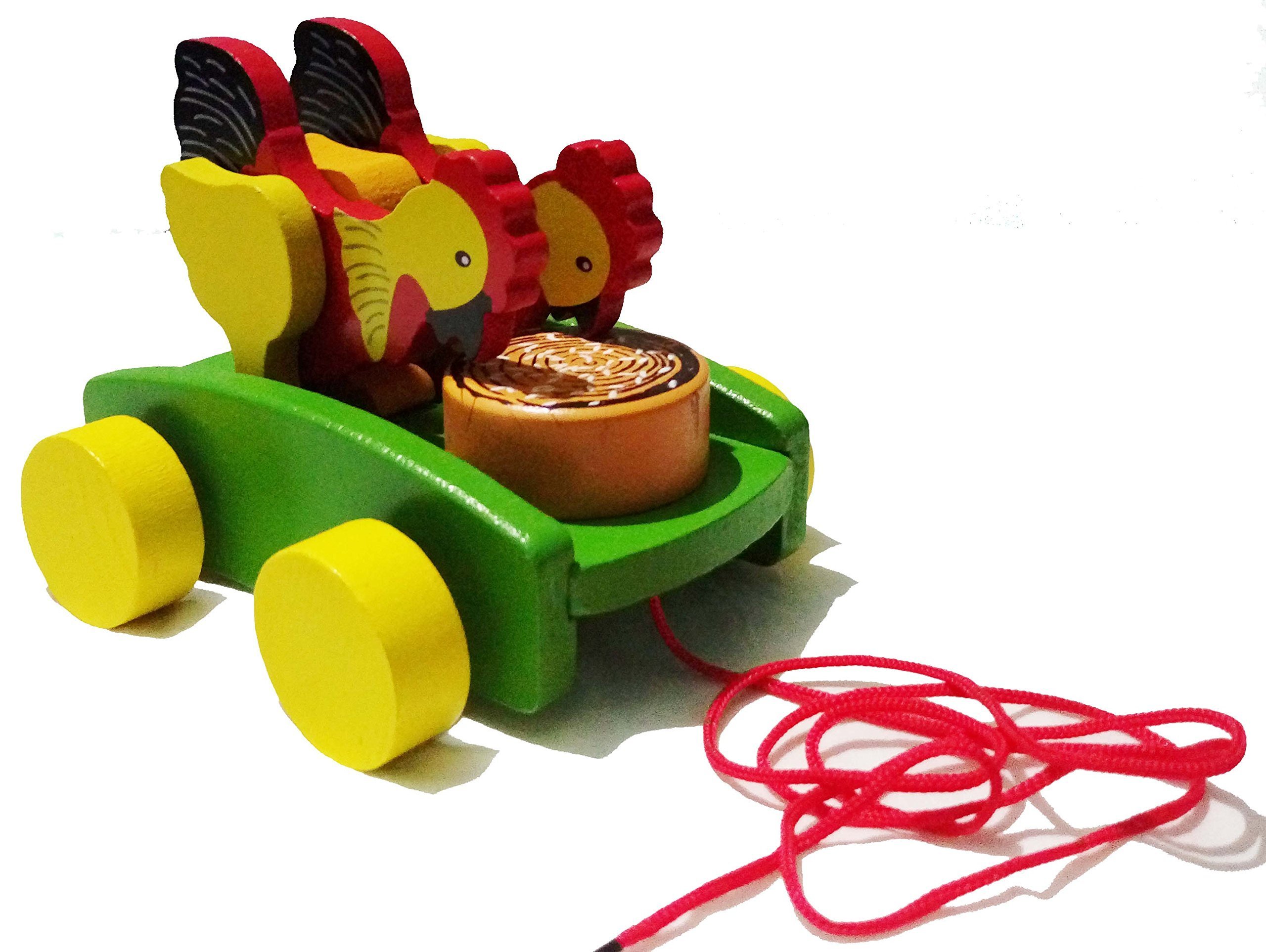 Crafts India Wooden Pull Along Toy-Chicken Pecking Drumming car - Koli Car