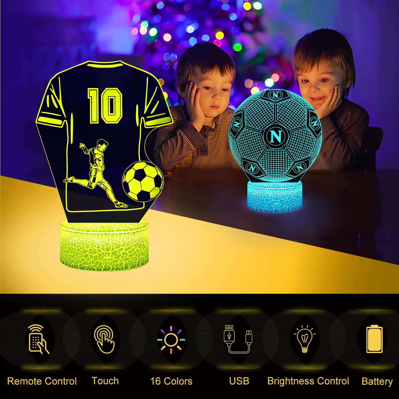 2 Pezzi Napoli Calcio Lampada - Calcio Regalo Bambini, 16 Colori Luce Notturna Calcio Intelligente Con Telecomando a 3D LED Illusione Idea Regalo di Natale Calcio Decorazione Per la Camera dei Bambin