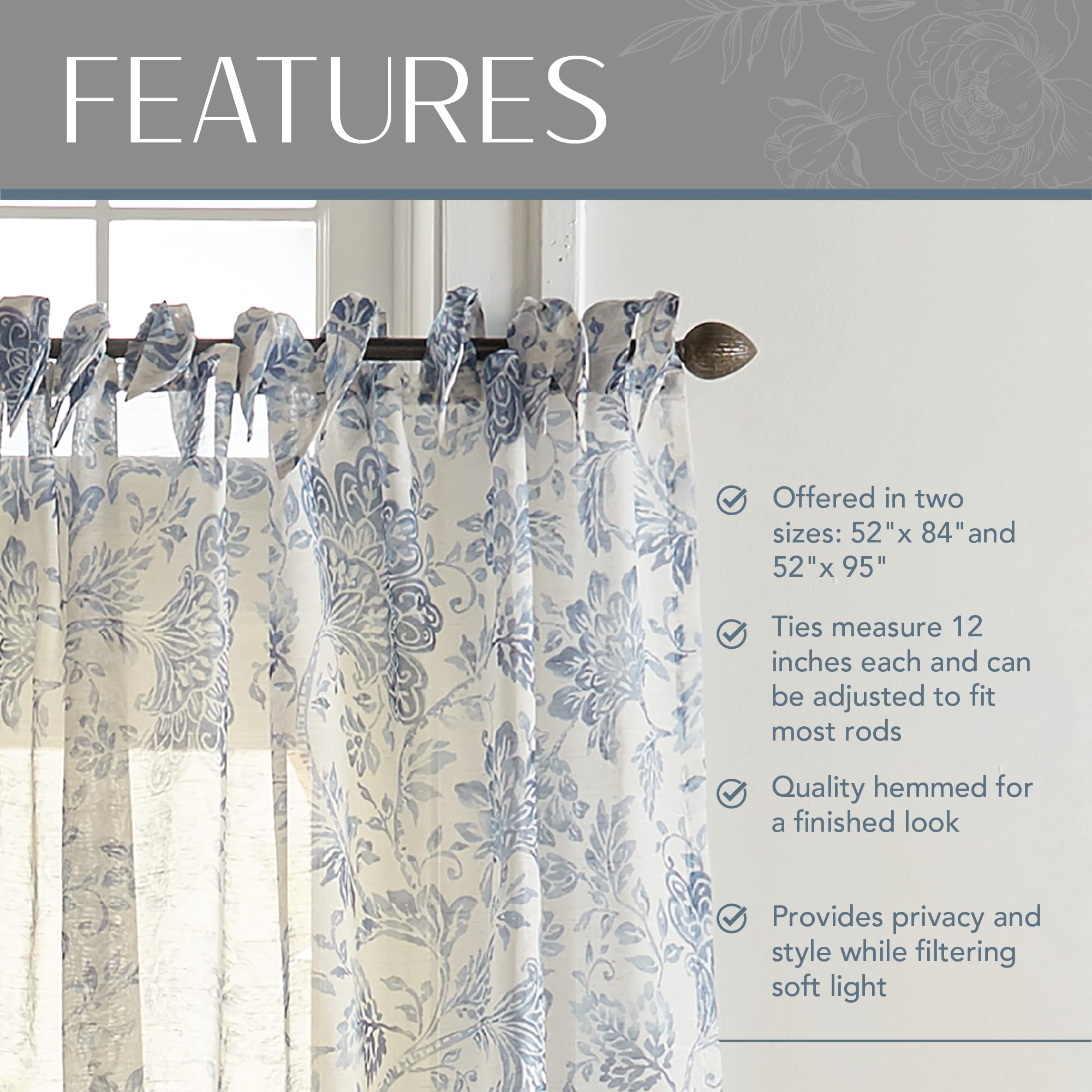 Elrene Floral Tie-Top Sheer Window Curtain Panel, Poly-Linen Blend, Indigo, 52" W x 84" L (Pack of 1), W 52" x L 84" (1 Panels) - Image 3