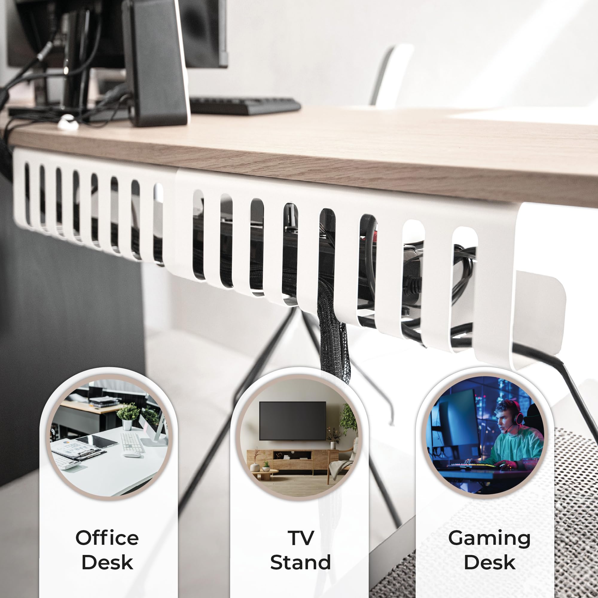 Pack of 2 Desk Cable Organiser - 40x10 cm Cable Trays - Matte Black - Ideal for Office Gaming, or TV Desk - Image 3