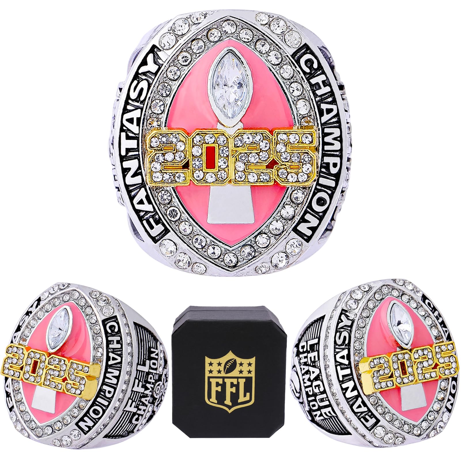 2025 Fantasy Football Championship Ring | Heavy FFL Champion Trophy Ring | Gold Silver Tone Plated Award Trophy for Fantasy Football League Winner