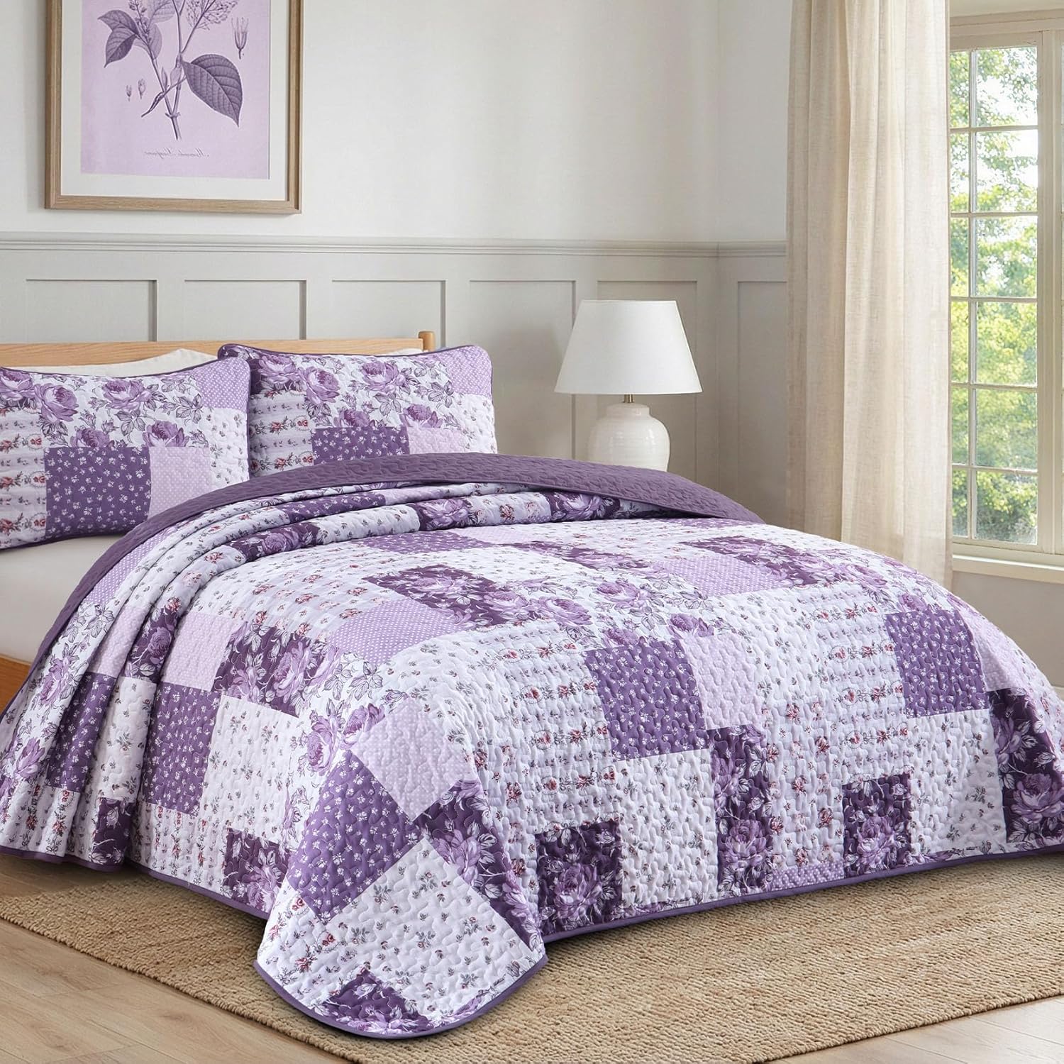 Purple Quilt Set King Size, Boho Floral Plaid Bedspread Coverlet Set, Patchwork Quilt Bedding Set, Farmhouse Soft Lighweight Bedspread Set for All Season - Image 2